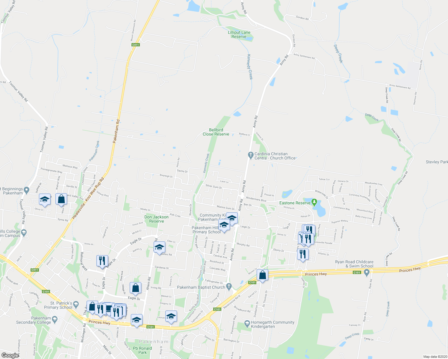 map of restaurants, bars, coffee shops, grocery stores, and more near 128 Manna Gum Drive in Pakenham