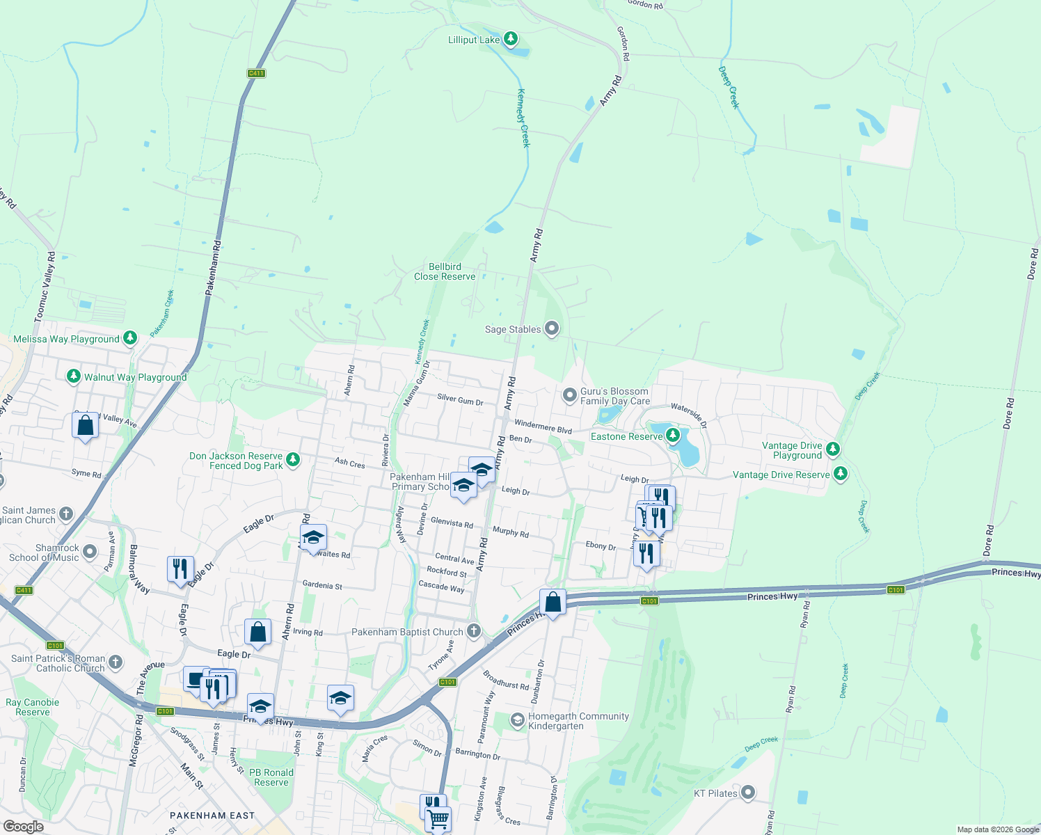 map of restaurants, bars, coffee shops, grocery stores, and more near 3 Windermere Boulevard in Pakenham