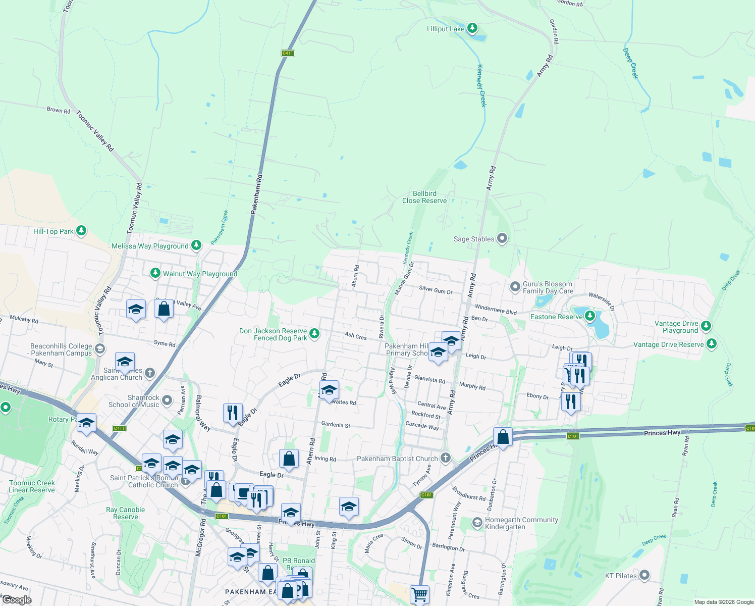 map of restaurants, bars, coffee shops, grocery stores, and more near 12 Redcherry Court in Pakenham