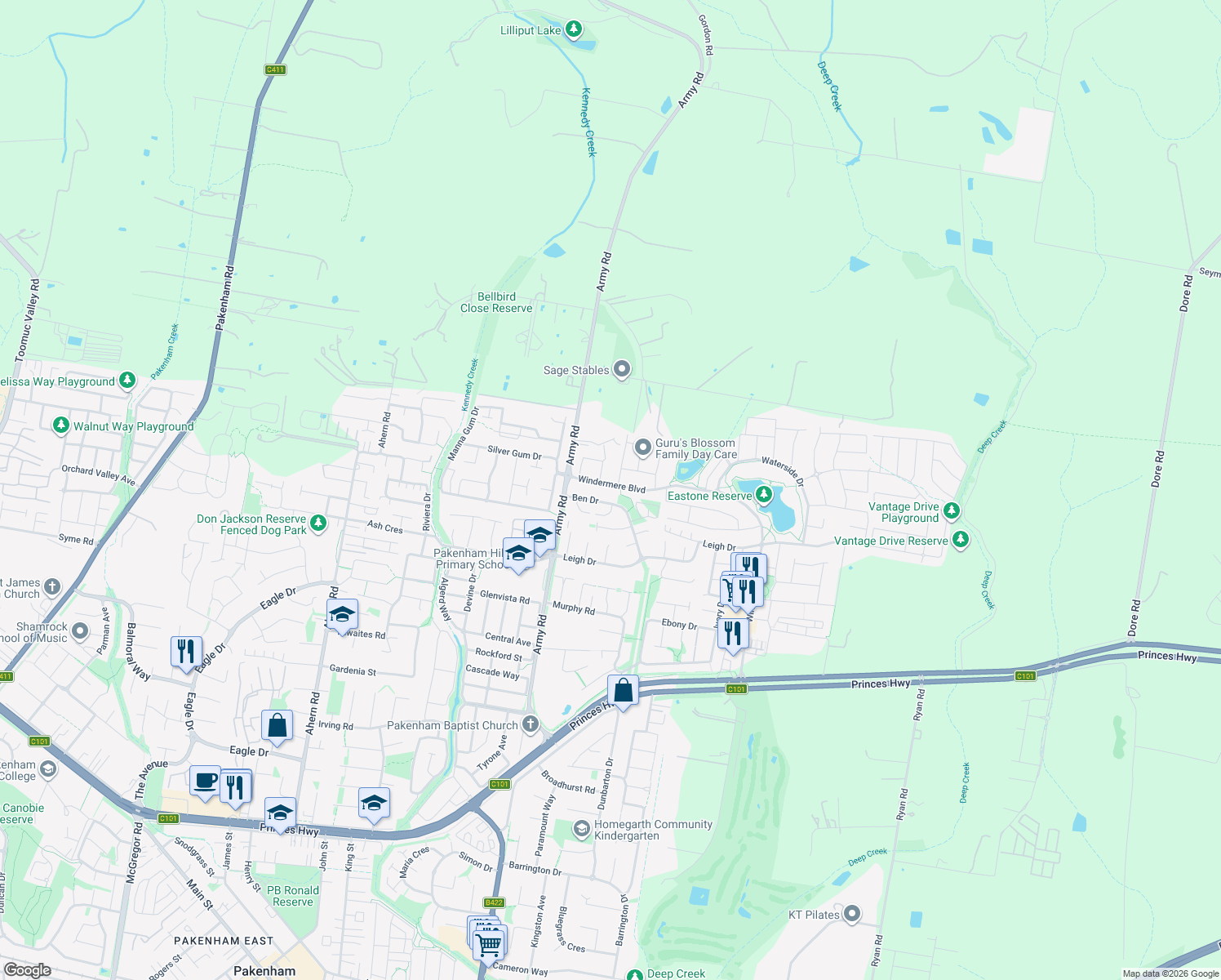 map of restaurants, bars, coffee shops, grocery stores, and more near 22 Windermere Boulevard in Pakenham