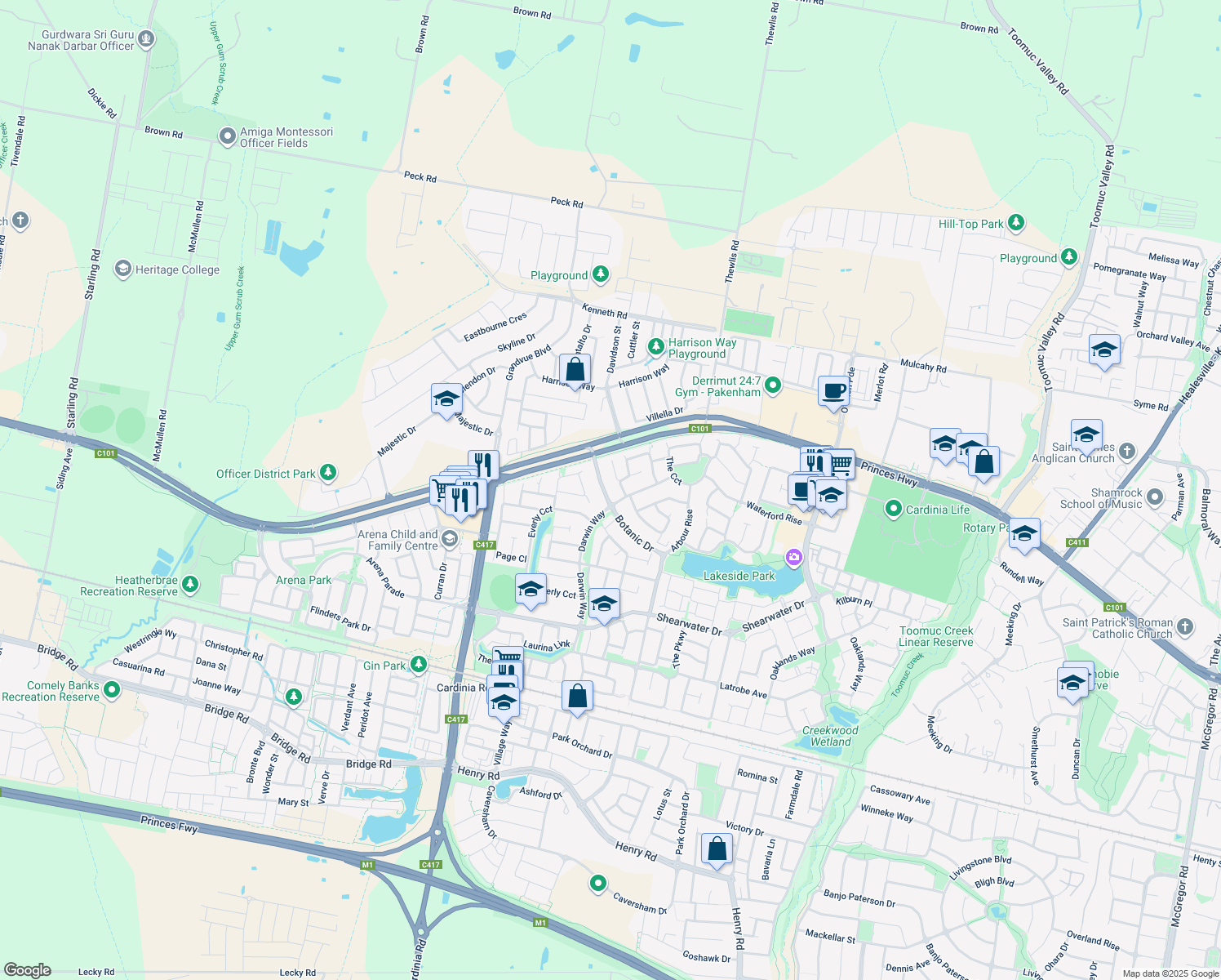 map of restaurants, bars, coffee shops, grocery stores, and more near 17 Botanic Drive in Pakenham