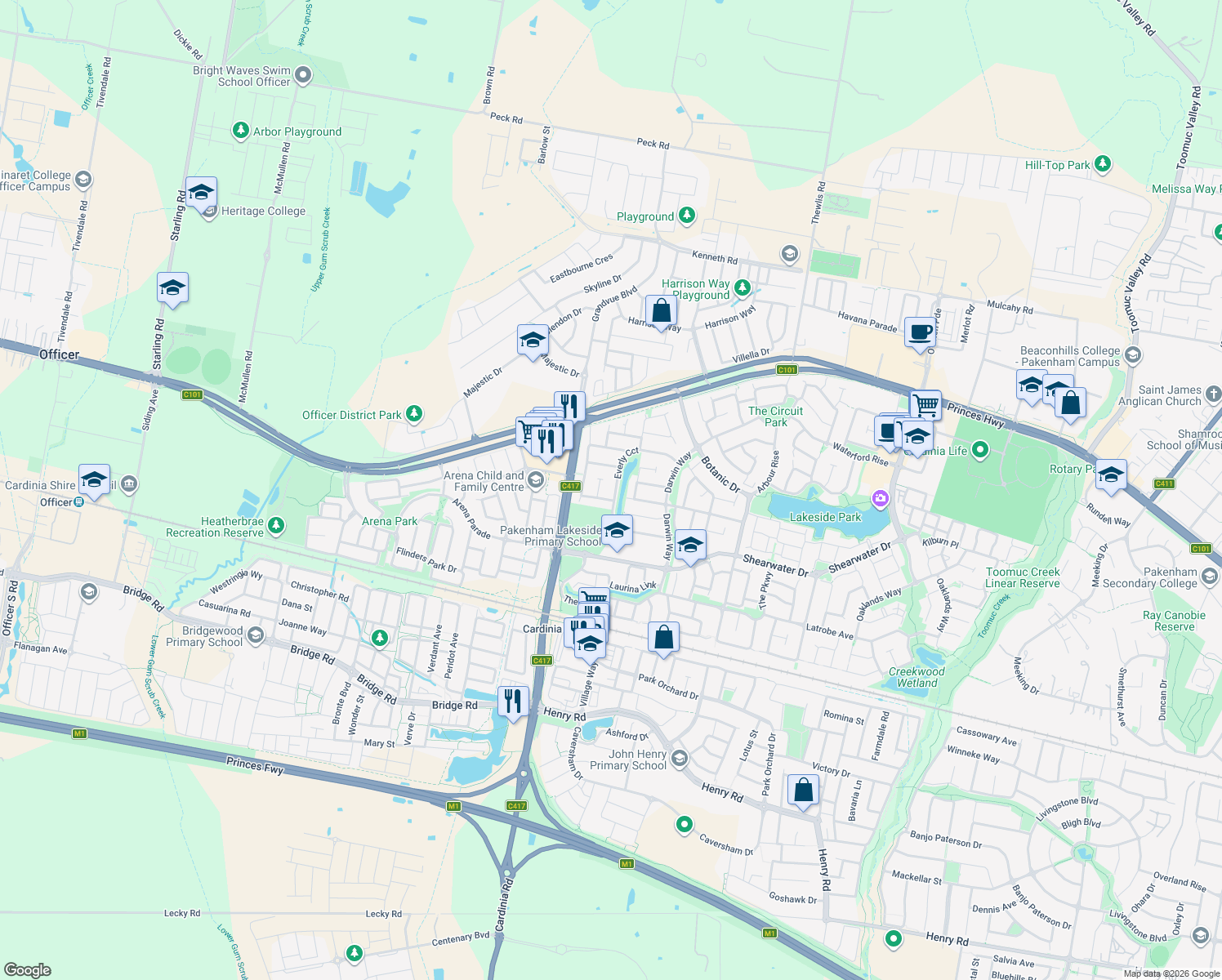 map of restaurants, bars, coffee shops, grocery stores, and more near 50 Everly Circuit in Pakenham