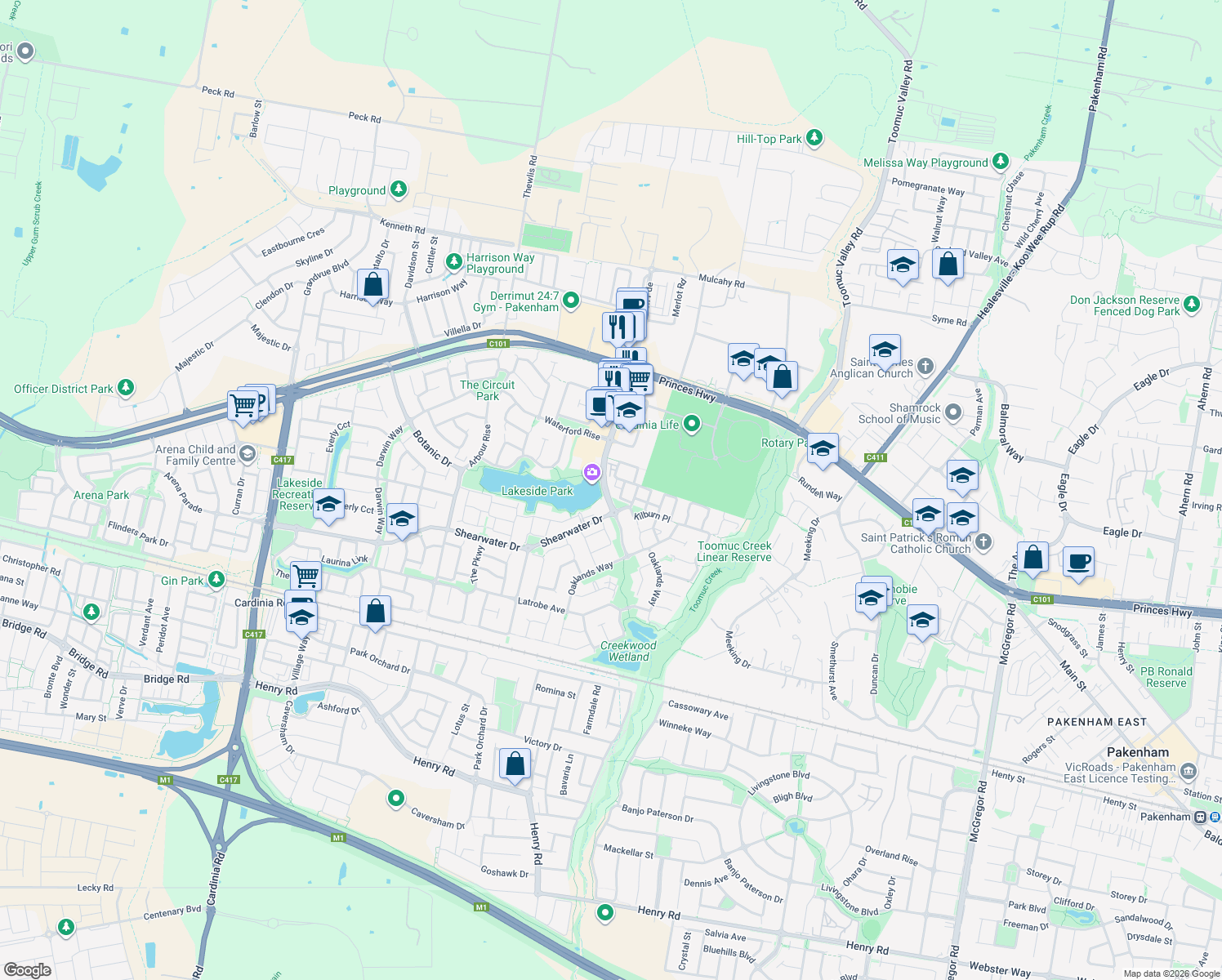 map of restaurants, bars, coffee shops, grocery stores, and more near 65 Lakeside Boulevard in Pakenham