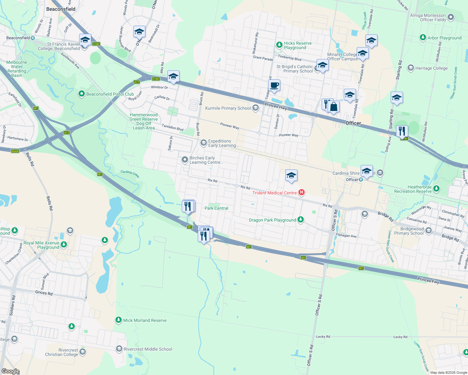 map of restaurants, bars, coffee shops, grocery stores, and more near 4 Carona Lane in Officer