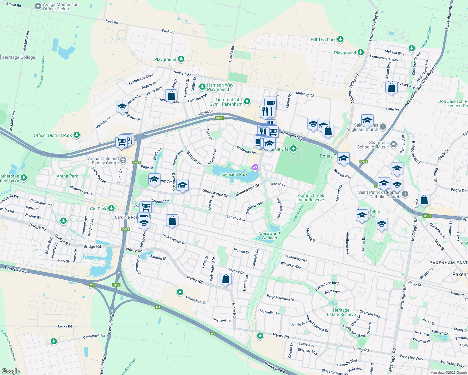 map of restaurants, bars, coffee shops, grocery stores, and more near 20 Petrel Circuit in Pakenham