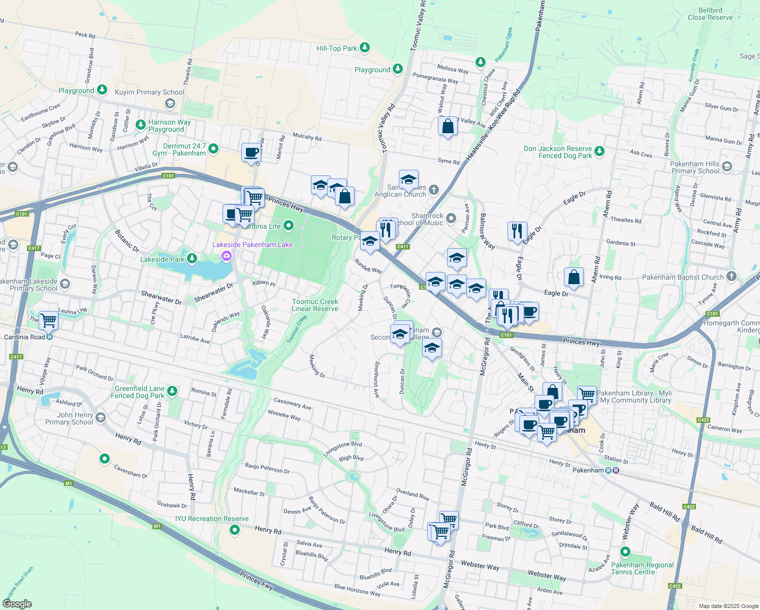 map of restaurants, bars, coffee shops, grocery stores, and more near 8 Dobson Court in Pakenham