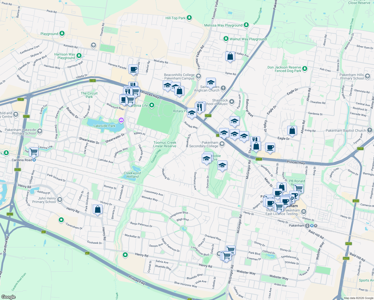 map of restaurants, bars, coffee shops, grocery stores, and more near 34 Meeking Drive in Pakenham