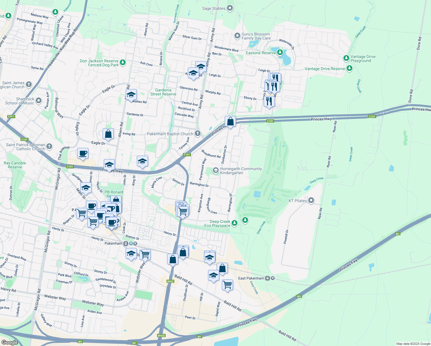 map of restaurants, bars, coffee shops, grocery stores, and more near 9A Dunbarton Drive in Pakenham