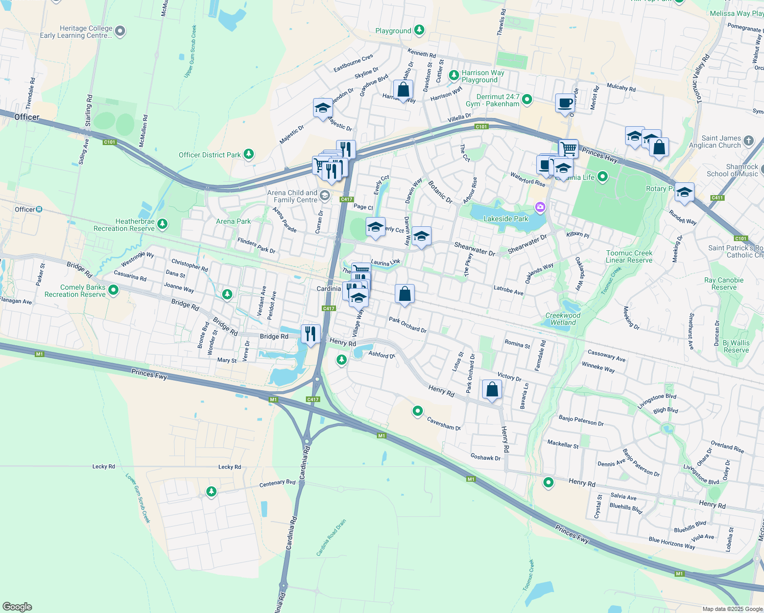 map of restaurants, bars, coffee shops, grocery stores, and more near 8 Golden Green Street in Pakenham