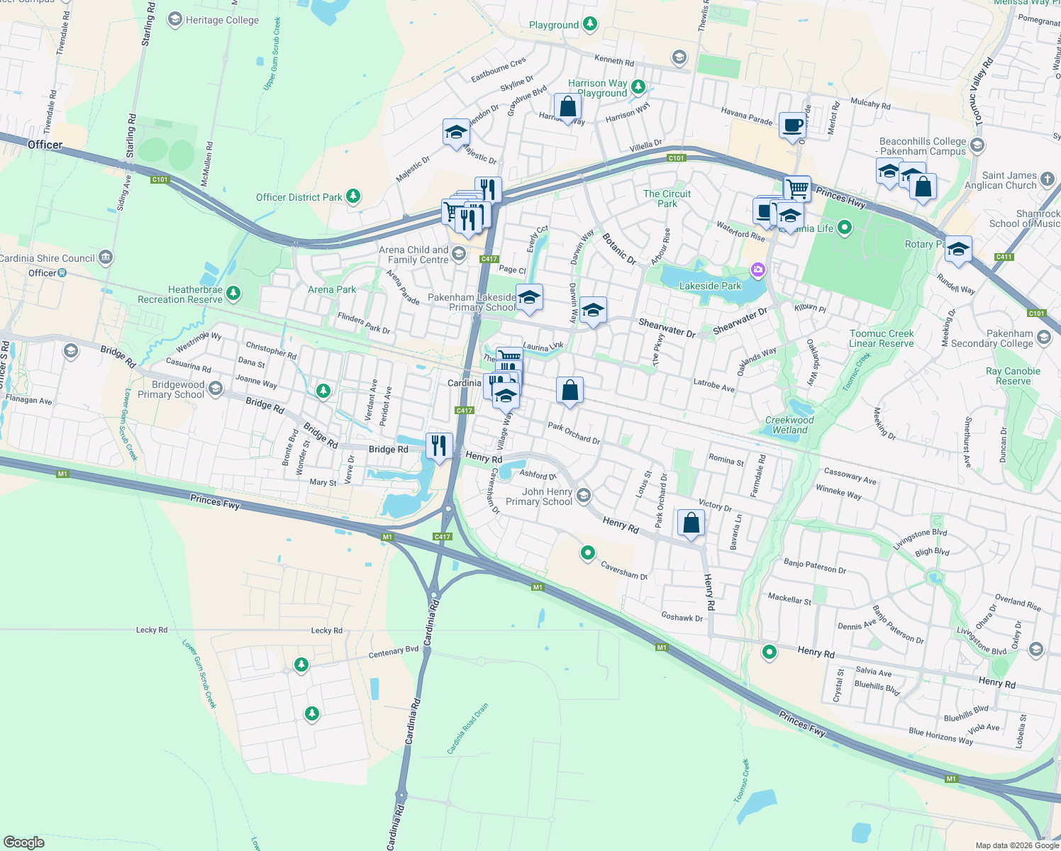map of restaurants, bars, coffee shops, grocery stores, and more near 14 Haakman Way in Pakenham