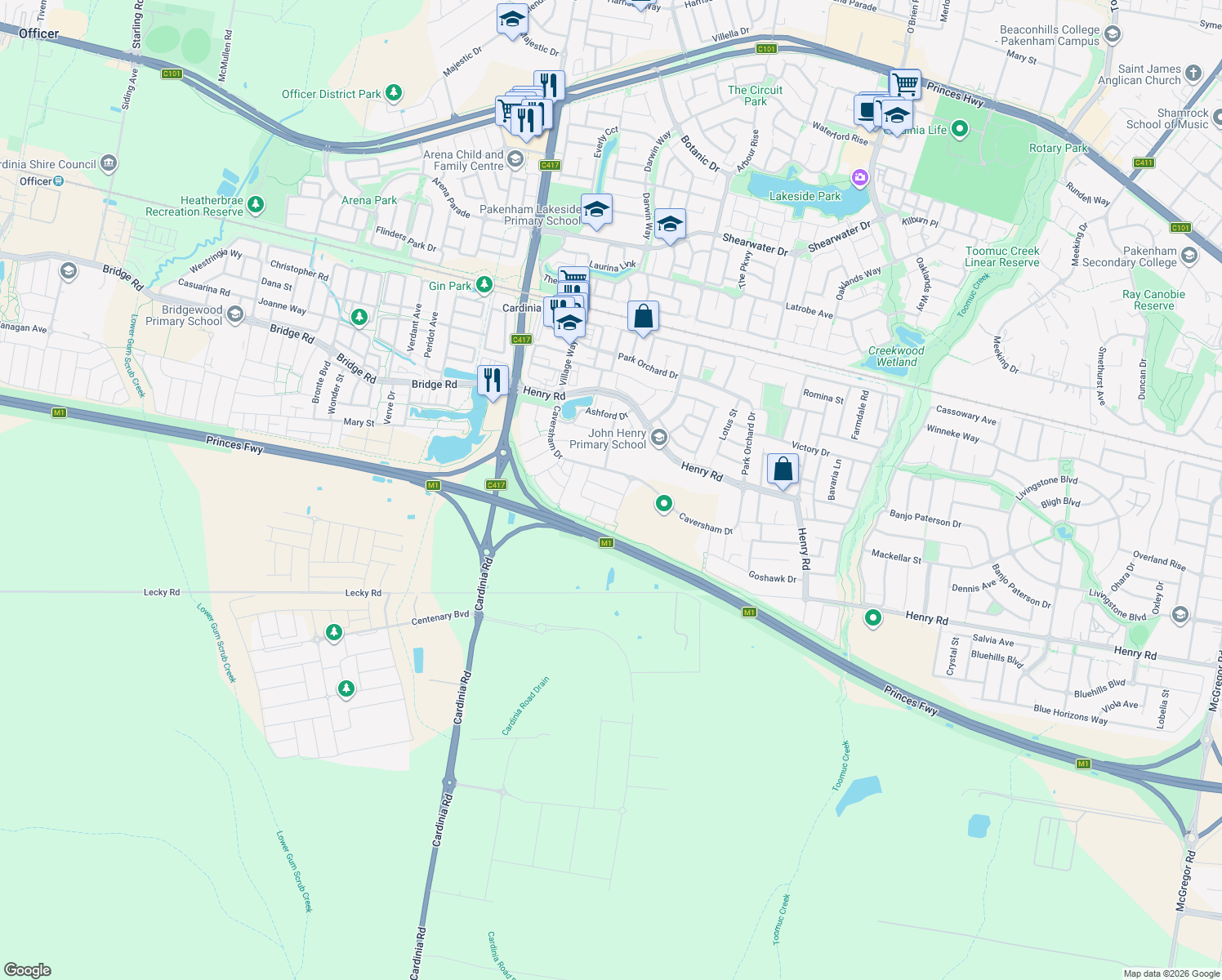 map of restaurants, bars, coffee shops, grocery stores, and more near Wendy Way in Pakenham