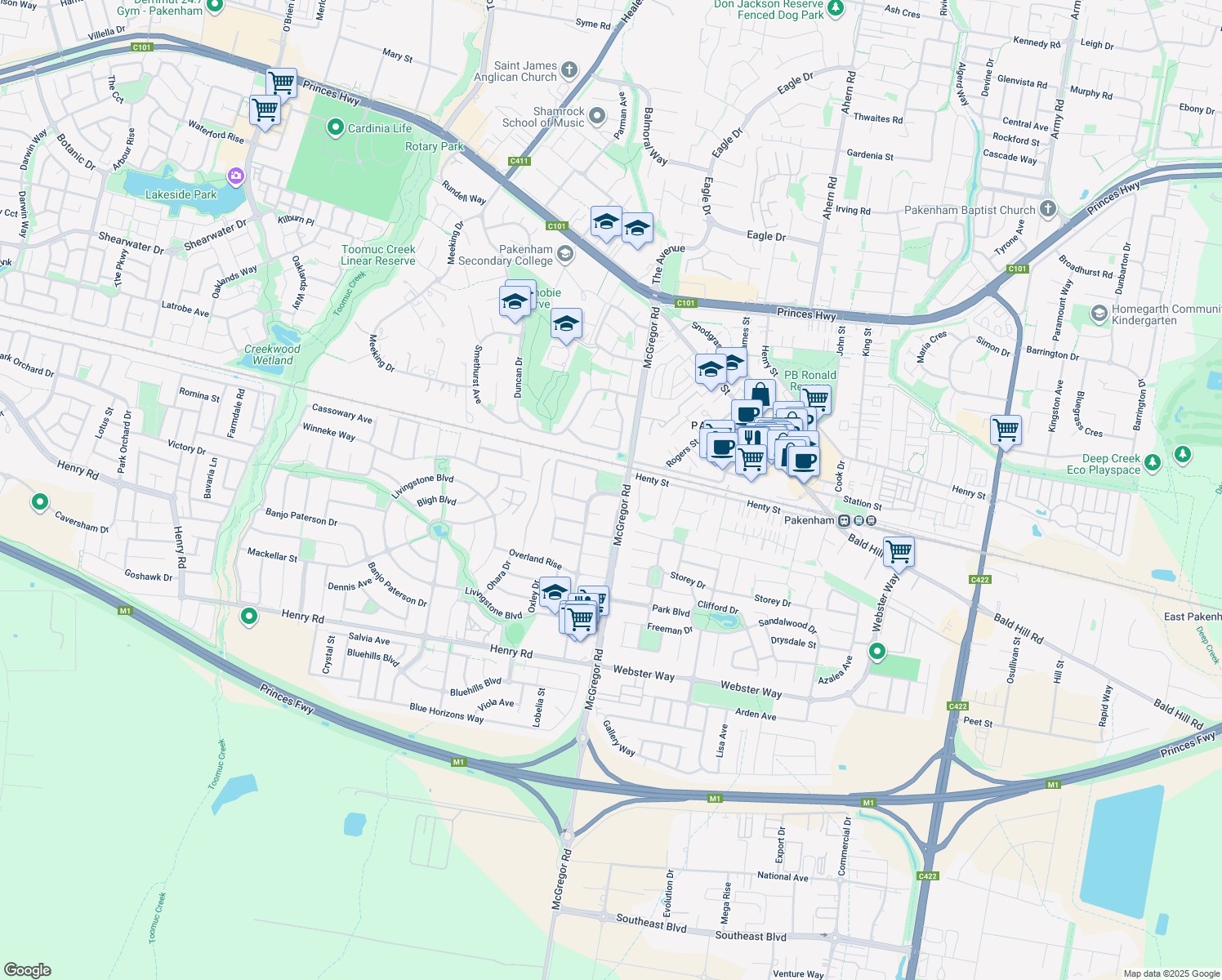 map of restaurants, bars, coffee shops, grocery stores, and more near 2-10 Heritage Boulevard in Pakenham