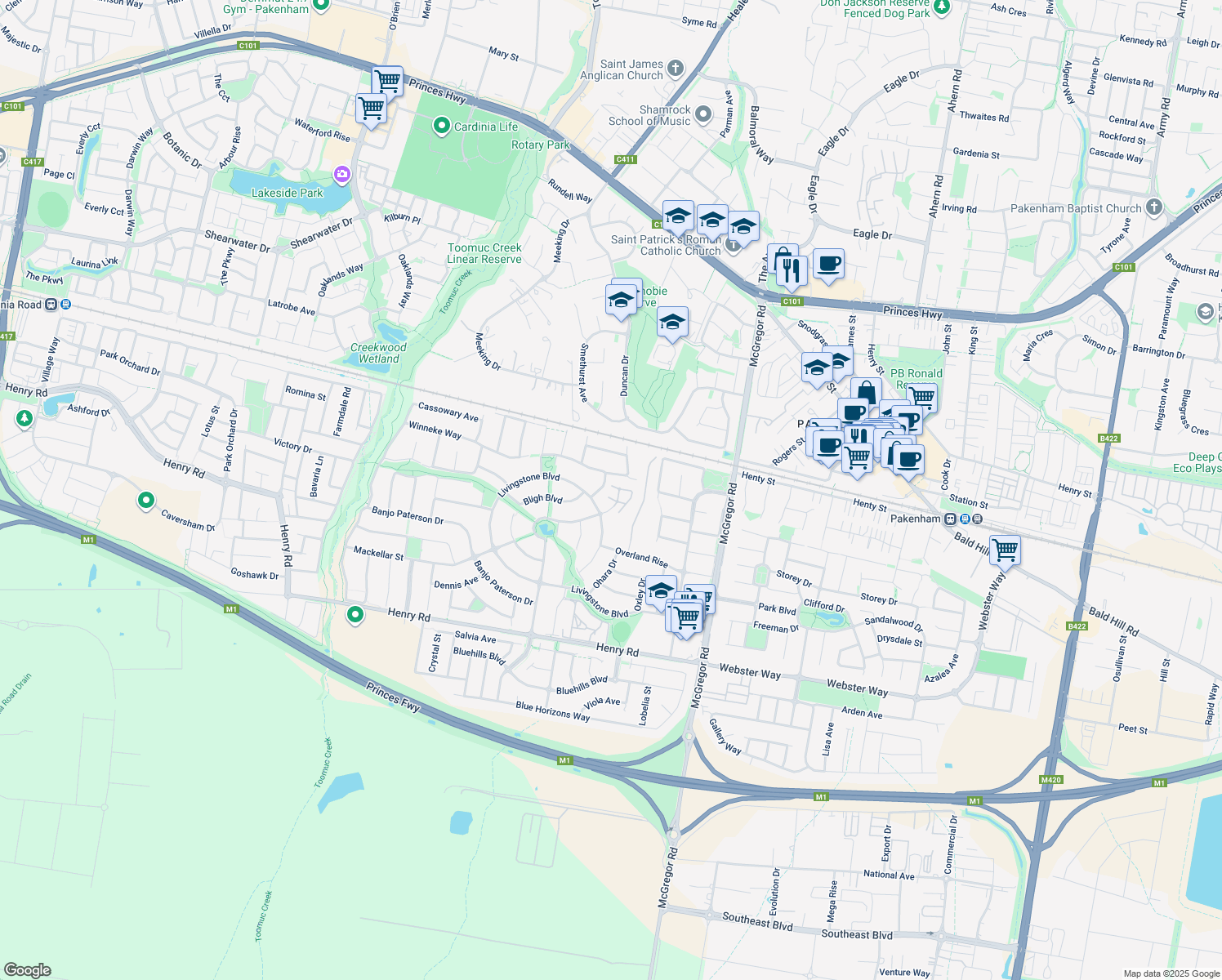 map of restaurants, bars, coffee shops, grocery stores, and more near 3 Manor View in Pakenham