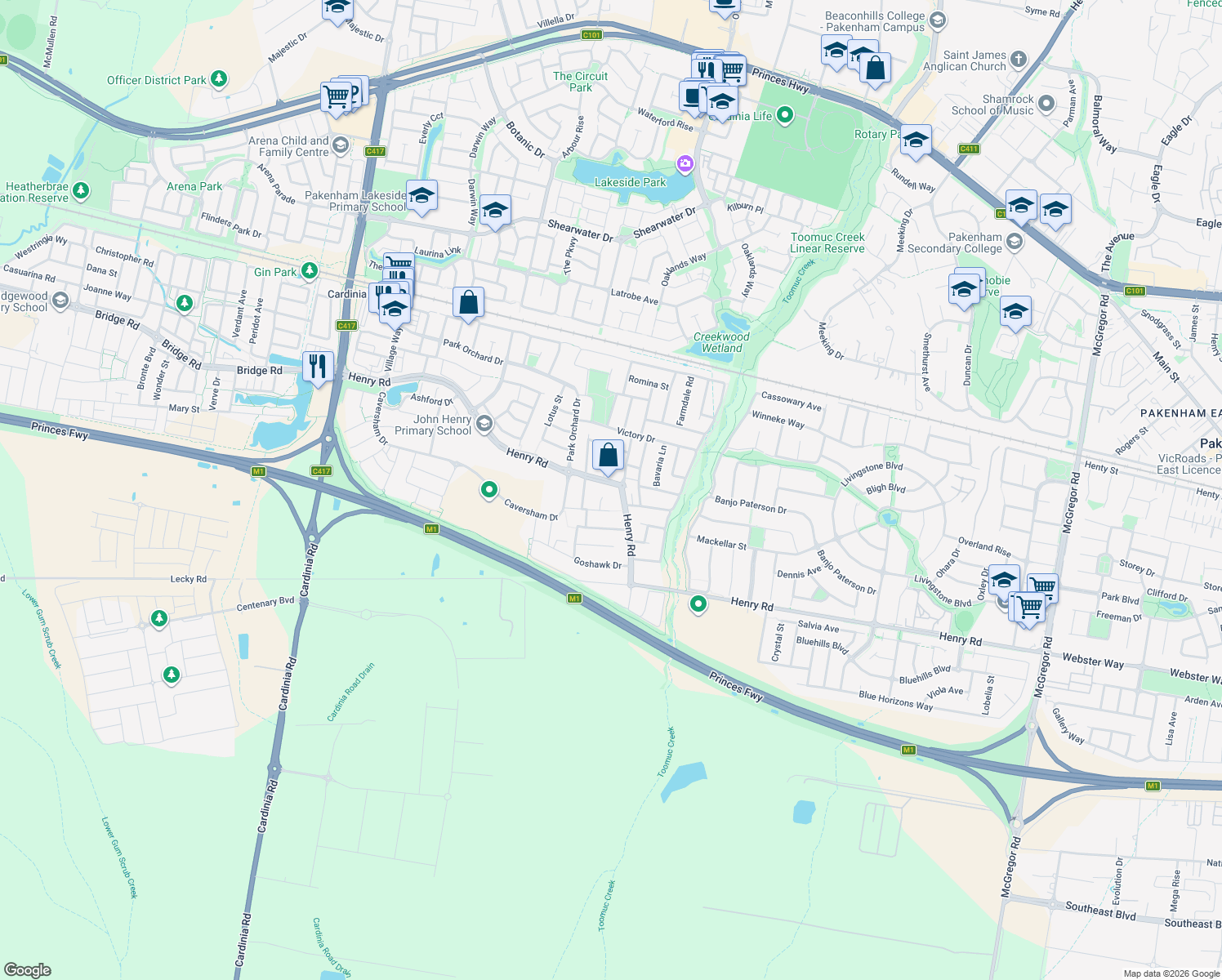 map of restaurants, bars, coffee shops, grocery stores, and more near 109 Henry Road in Pakenham