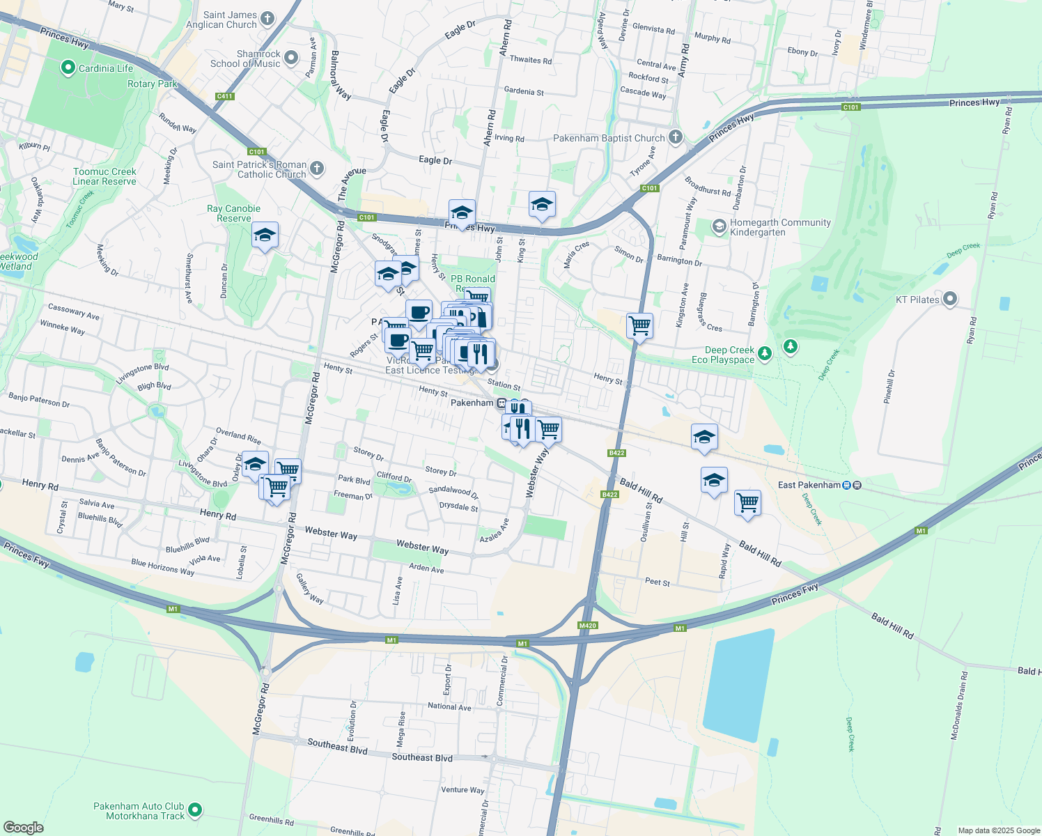 map of restaurants, bars, coffee shops, grocery stores, and more near 8 Bald Hill Road in Pakenham
