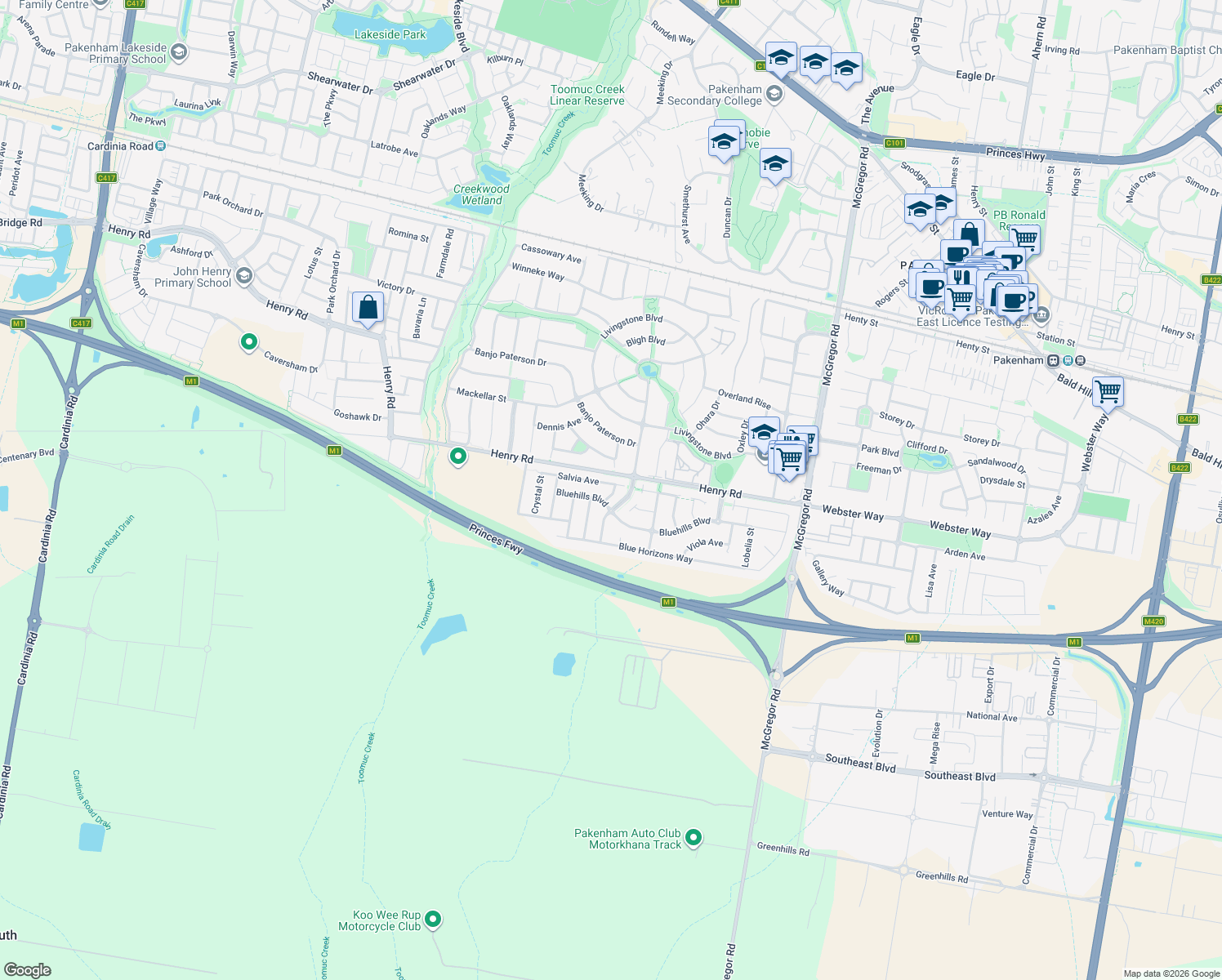map of restaurants, bars, coffee shops, grocery stores, and more near 5 Salvia Avenue in Pakenham