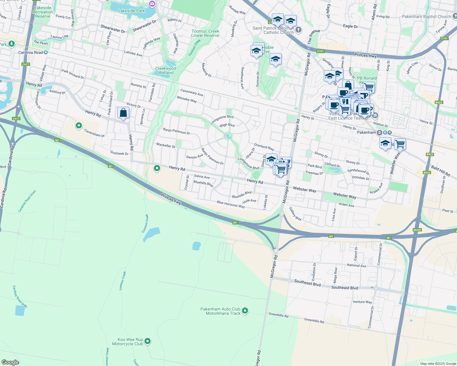 map of restaurants, bars, coffee shops, grocery stores, and more near 3 Delft Place in Pakenham