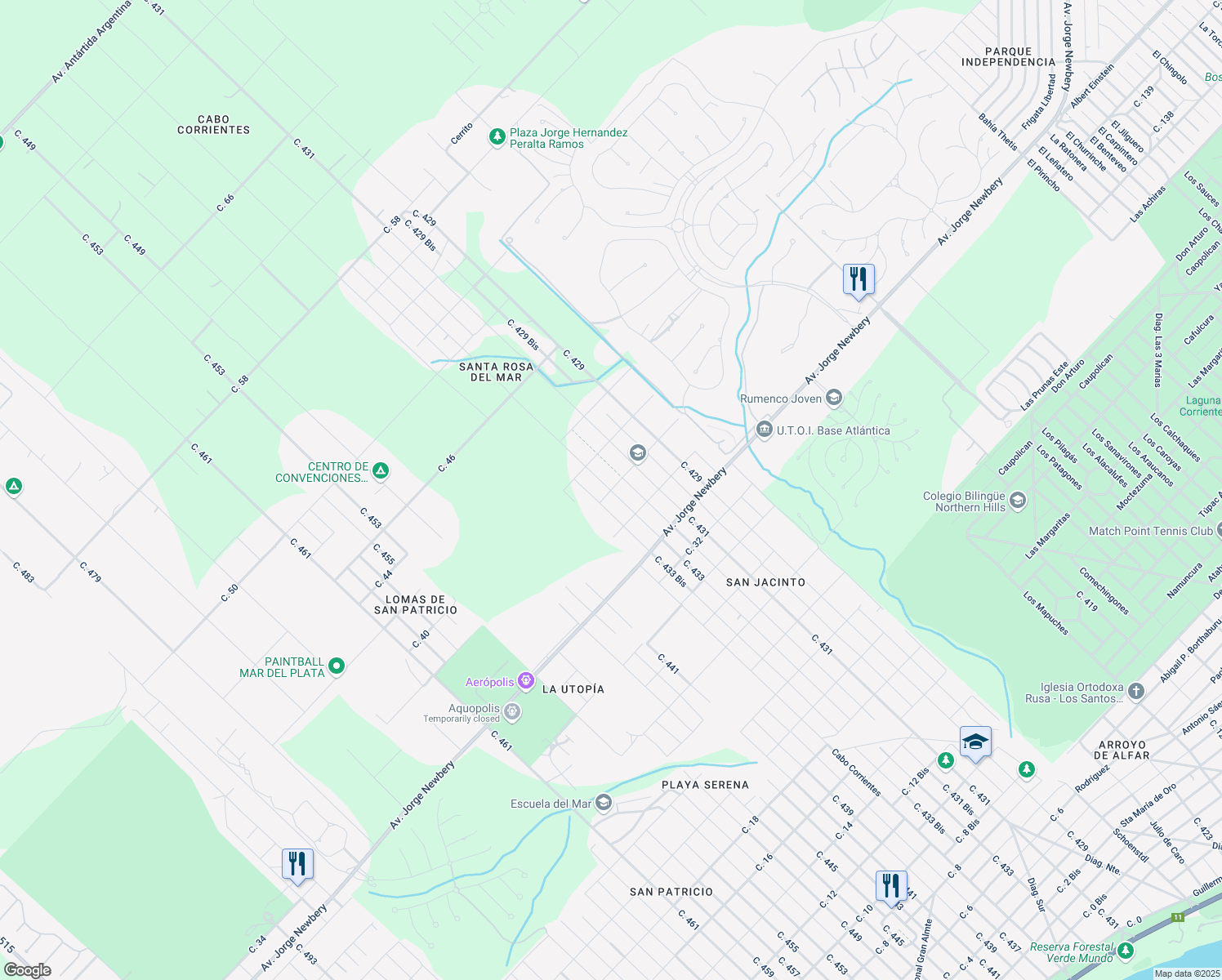 map of restaurants, bars, coffee shops, grocery stores, and more near Calle 433 in Mar del Plata