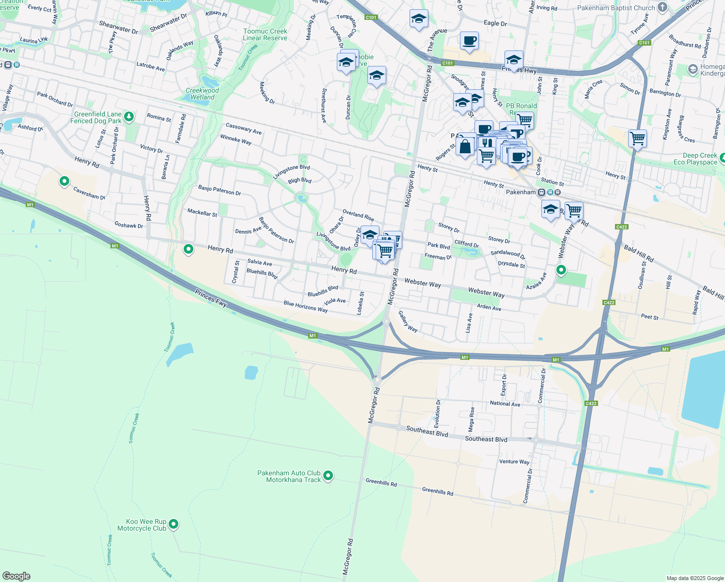 map of restaurants, bars, coffee shops, grocery stores, and more near Jacaranda Way in Pakenham