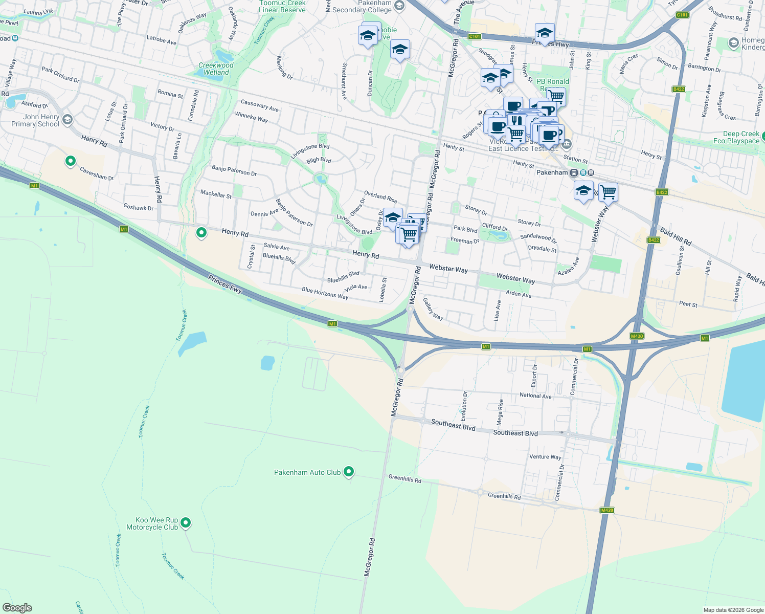 map of restaurants, bars, coffee shops, grocery stores, and more near LOT 611 Blue Horizons Way in Pakenham