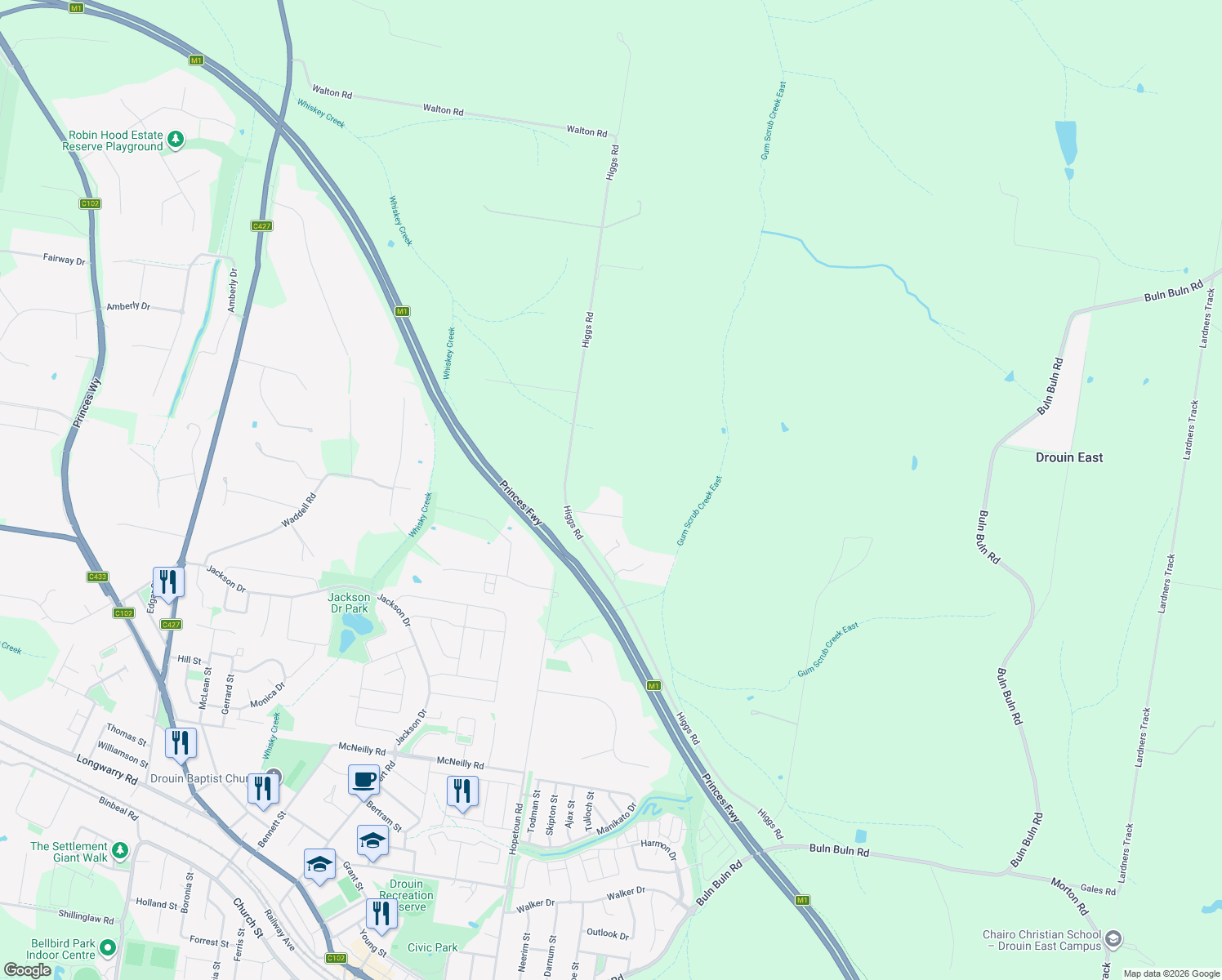 map of restaurants, bars, coffee shops, grocery stores, and more near in Drouin East