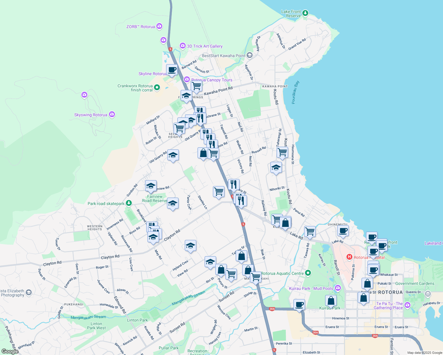 map of restaurants, bars, coffee shops, grocery stores, and more near 36 Fairy Springs Road in Rotorua