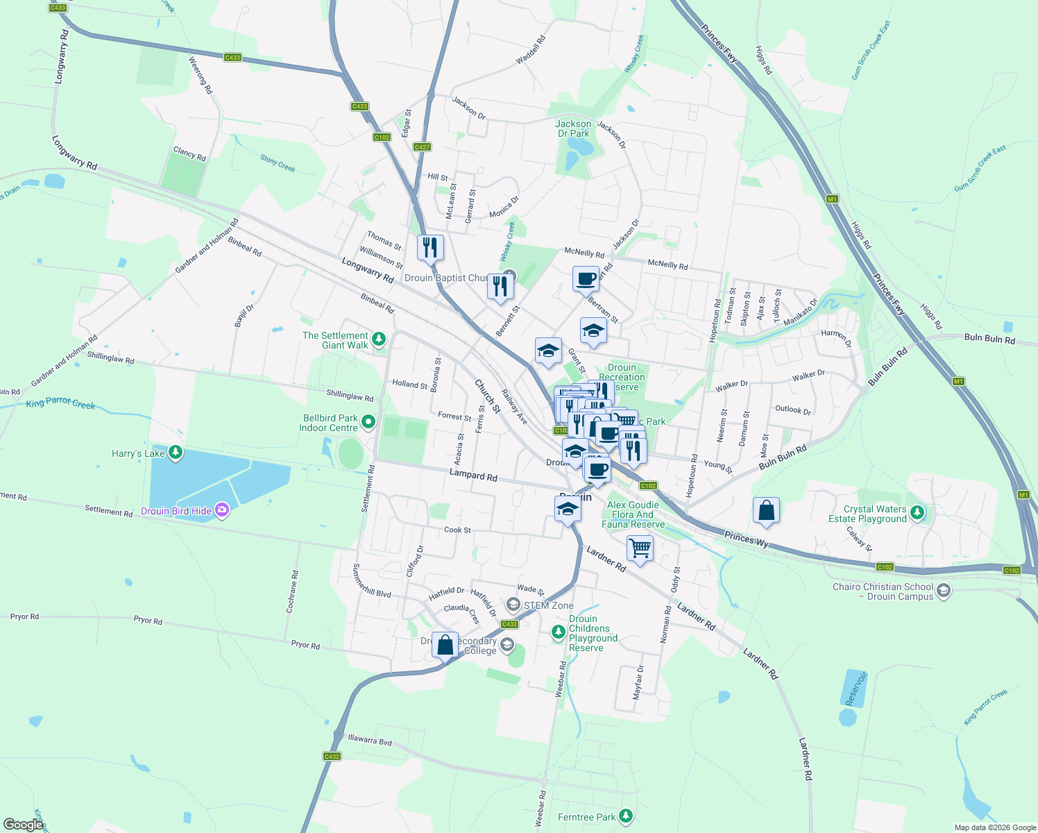 map of restaurants, bars, coffee shops, grocery stores, and more near 18 Railway Avenue in Drouin