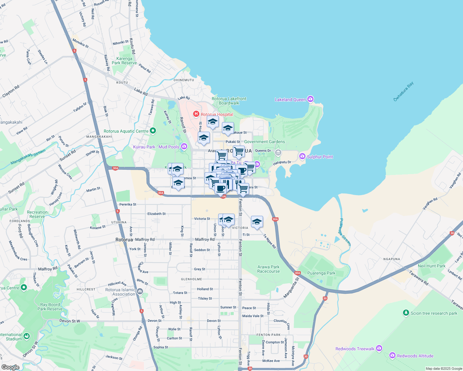 map of restaurants, bars, coffee shops, grocery stores, and more near 1129 Eruera Street in Rotorua