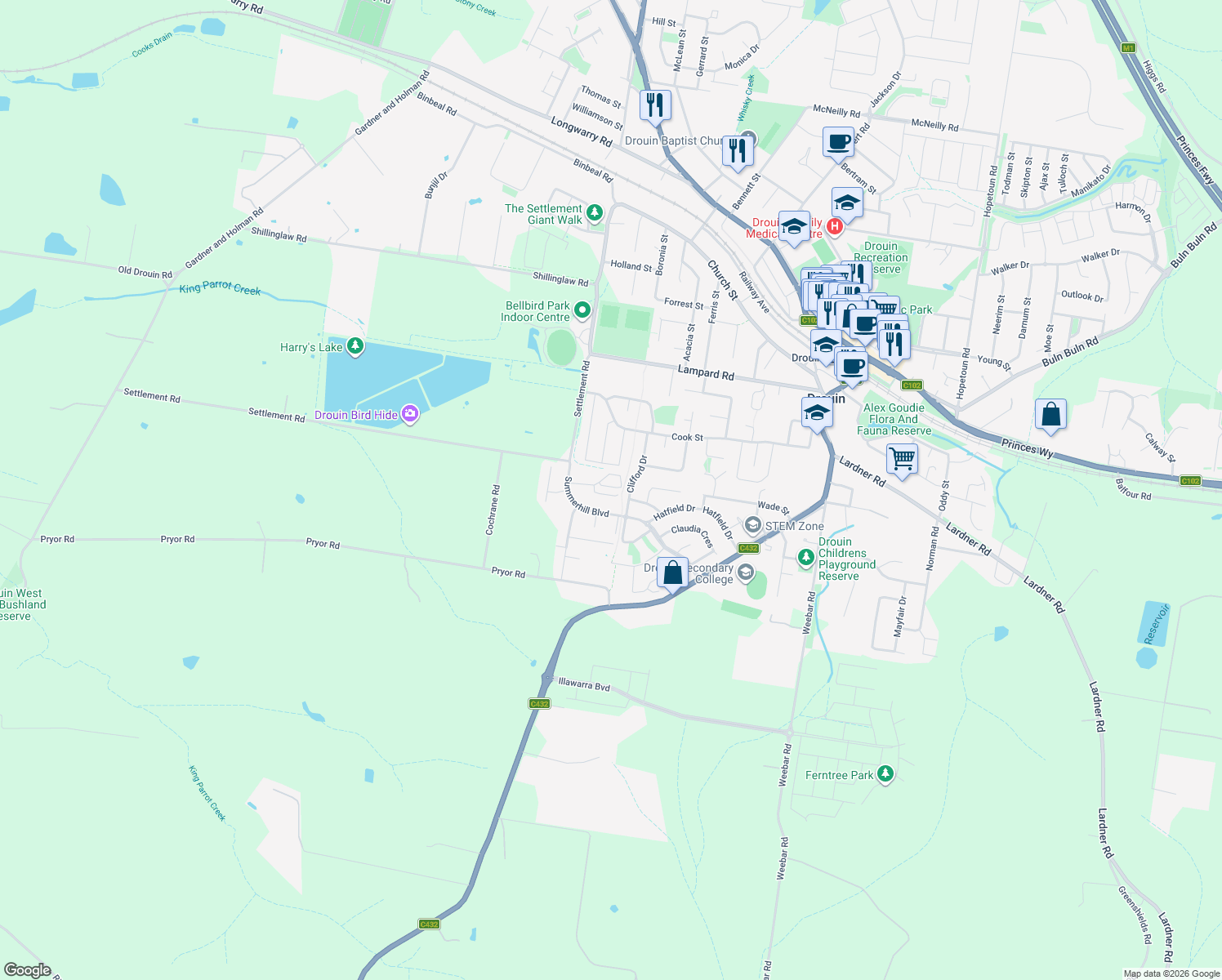 map of restaurants, bars, coffee shops, grocery stores, and more near 23 Shakespeare Court in Drouin
