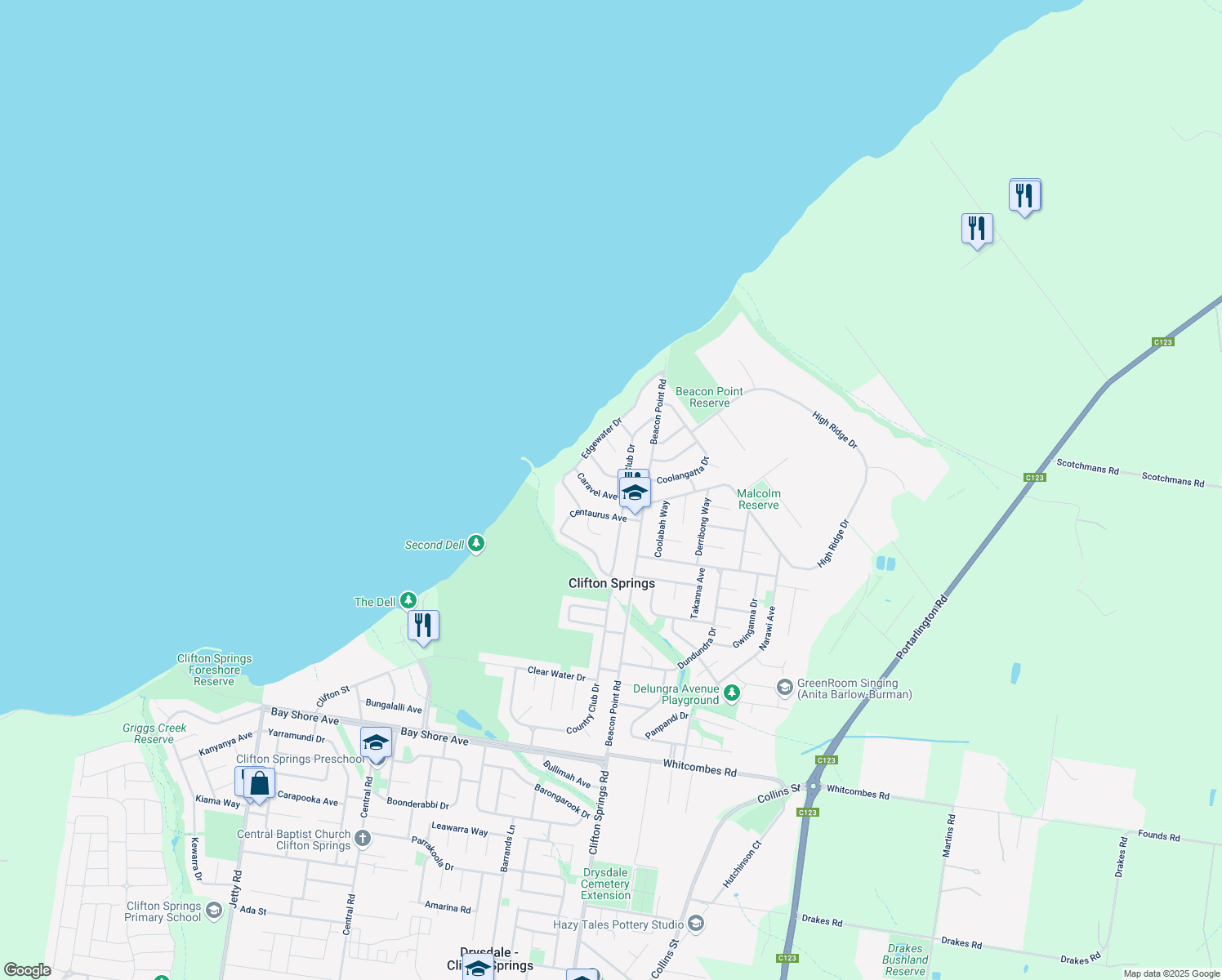 map of restaurants, bars, coffee shops, grocery stores, and more near 21 Caravel Avenue in Clifton Springs