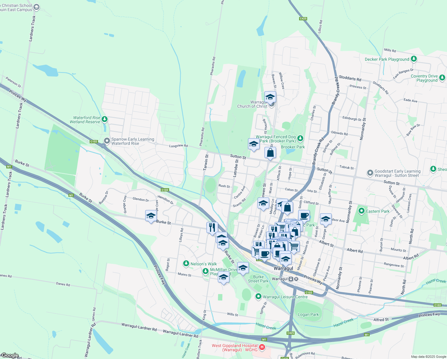 map of restaurants, bars, coffee shops, grocery stores, and more near 2 Pioneer Street in Warragul