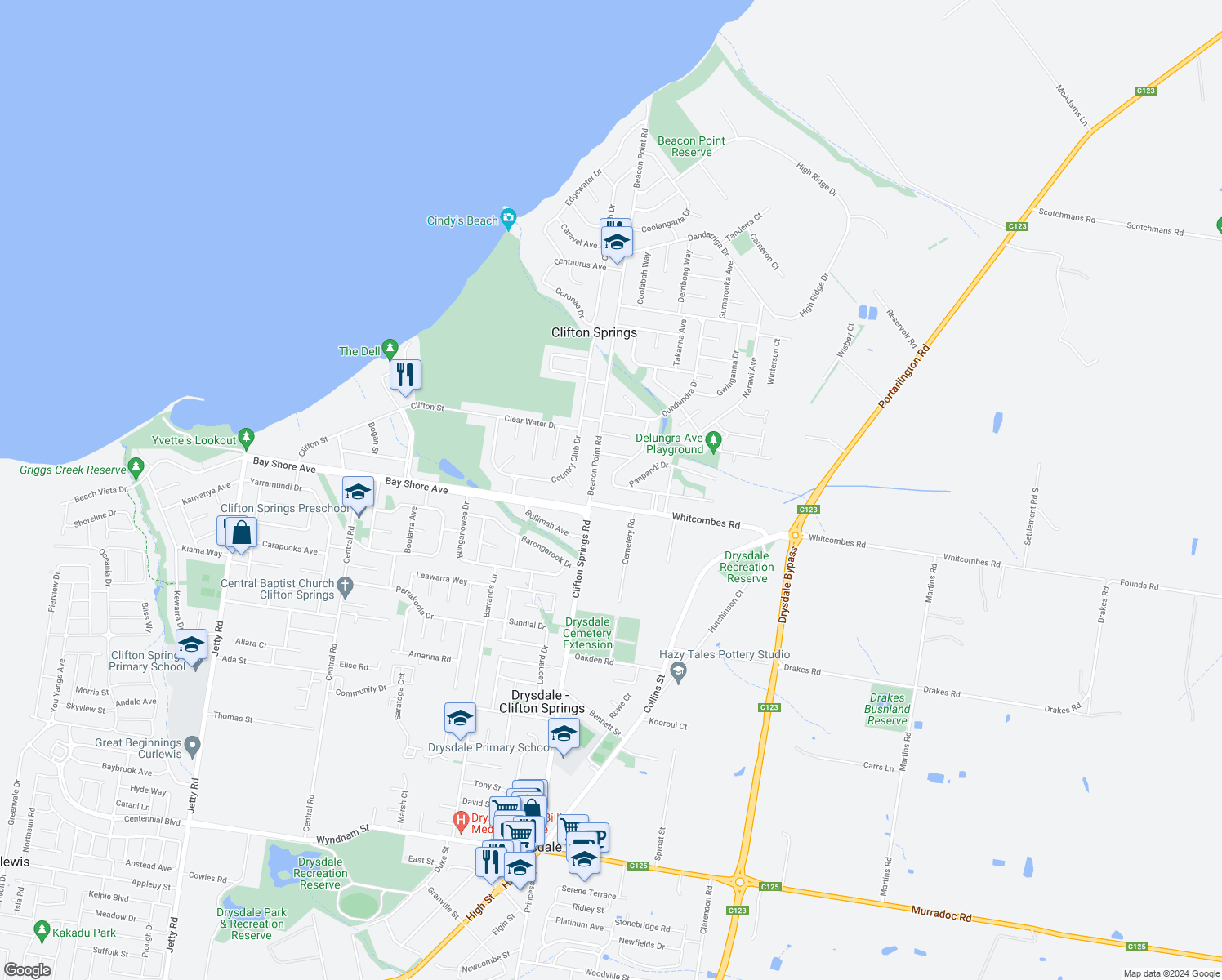 map of restaurants, bars, coffee shops, grocery stores, and more near 2 Carawatha Avenue in Clifton Springs