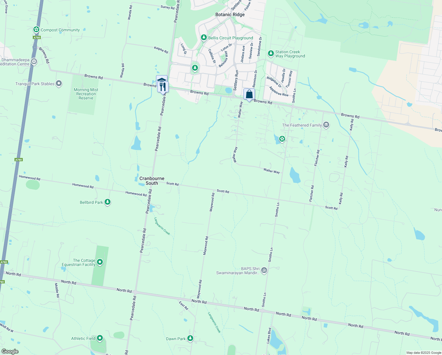 map of restaurants, bars, coffee shops, grocery stores, and more near in Cranbourne South