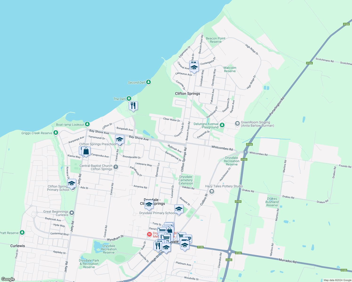 map of restaurants, bars, coffee shops, grocery stores, and more near 18 Bay Shore Avenue in Clifton Springs
