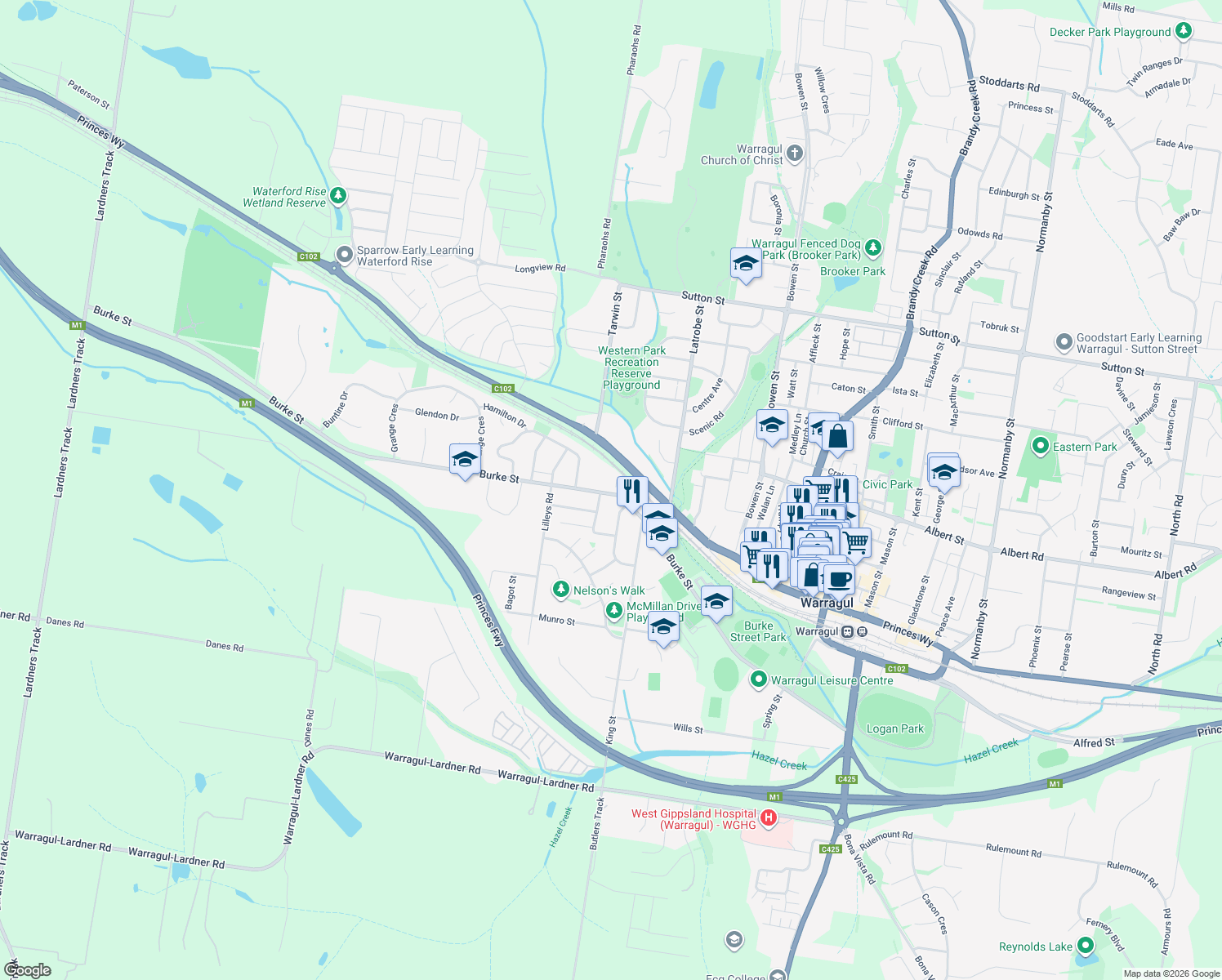 map of restaurants, bars, coffee shops, grocery stores, and more near 116 Burke Street in Warragul