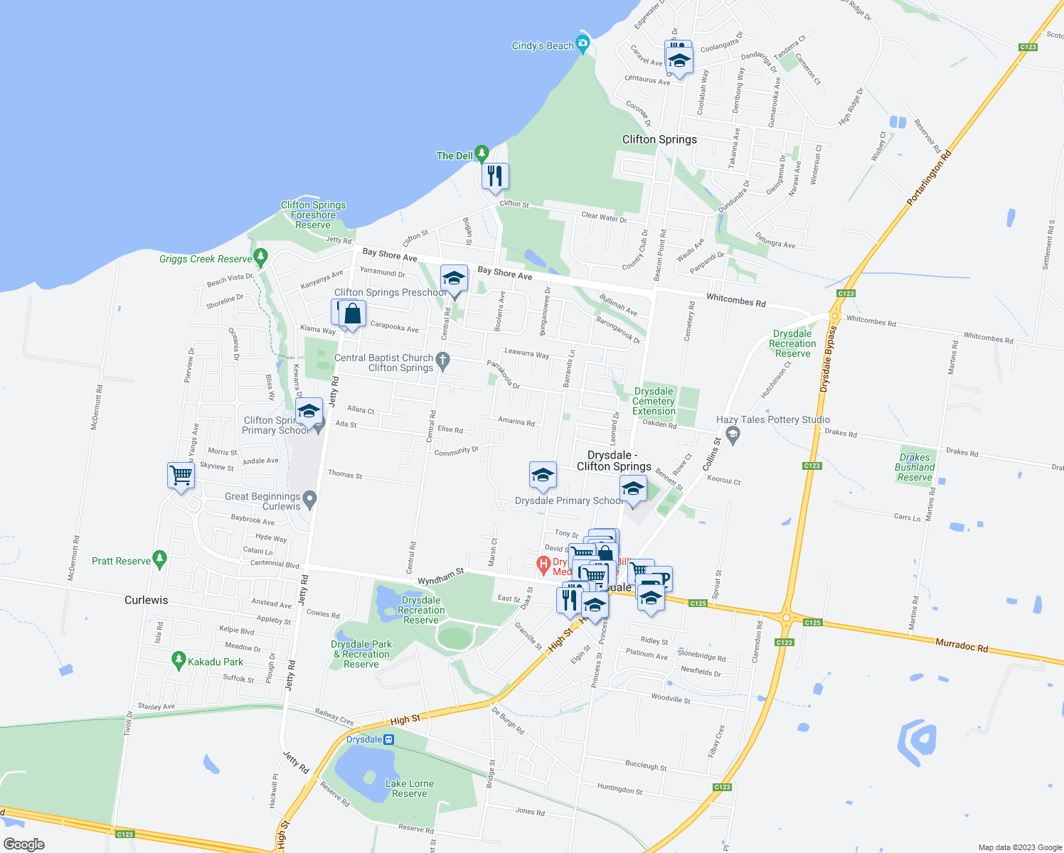 map of restaurants, bars, coffee shops, grocery stores, and more near 3 Amarina Road in Clifton Springs