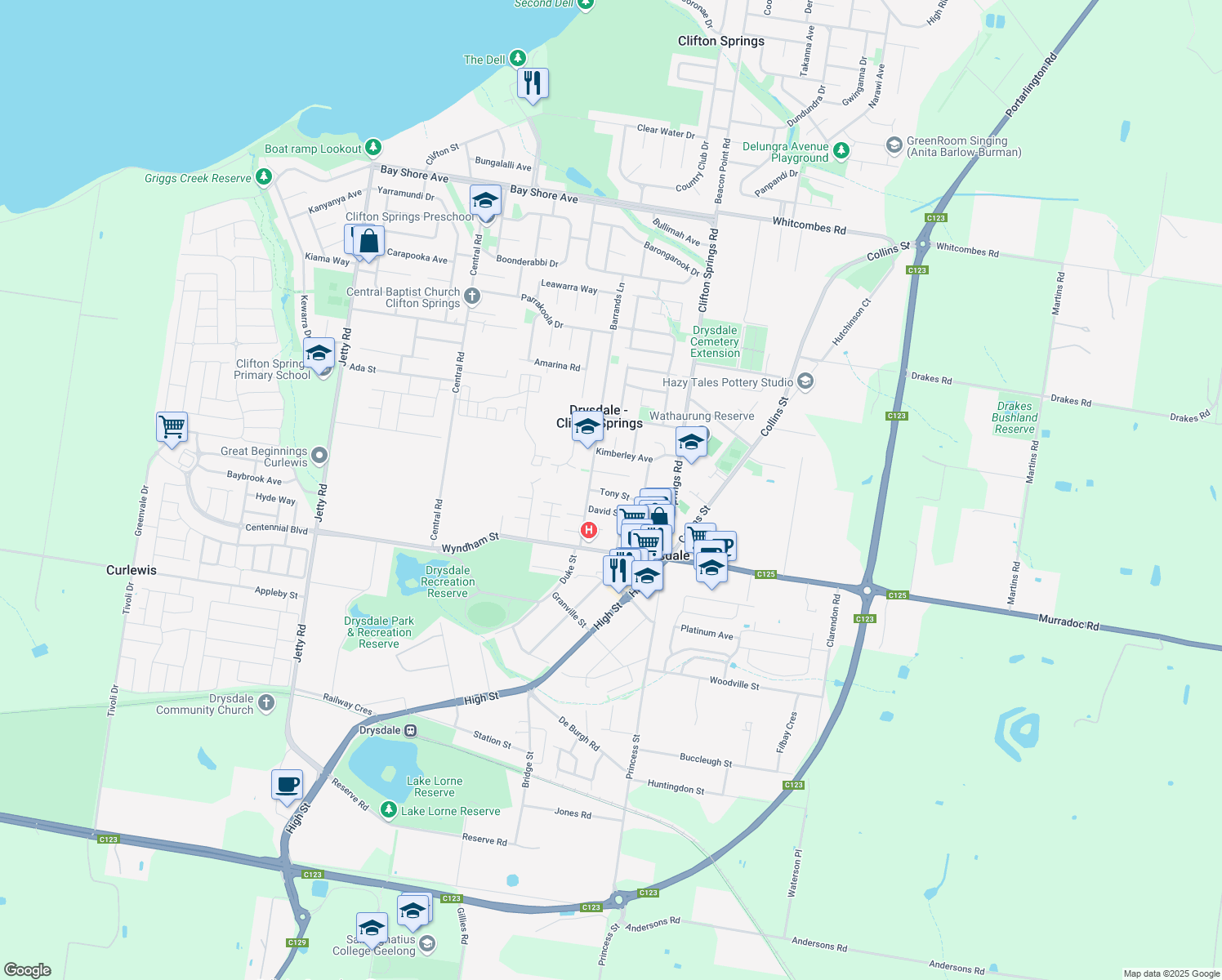 map of restaurants, bars, coffee shops, grocery stores, and more near 9 Tony Street in Drysdale