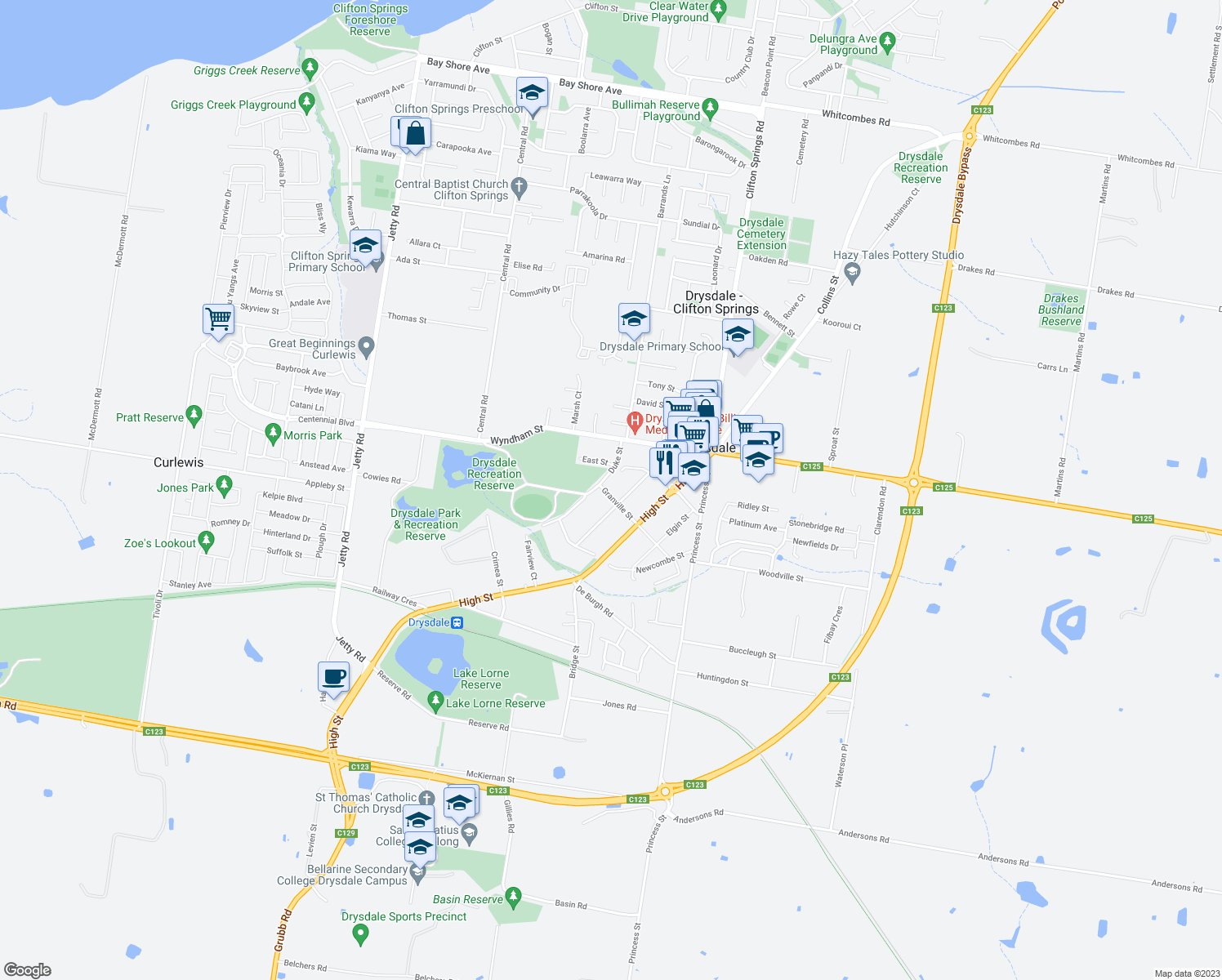 map of restaurants, bars, coffee shops, grocery stores, and more near 5 Granville Street in Drysdale