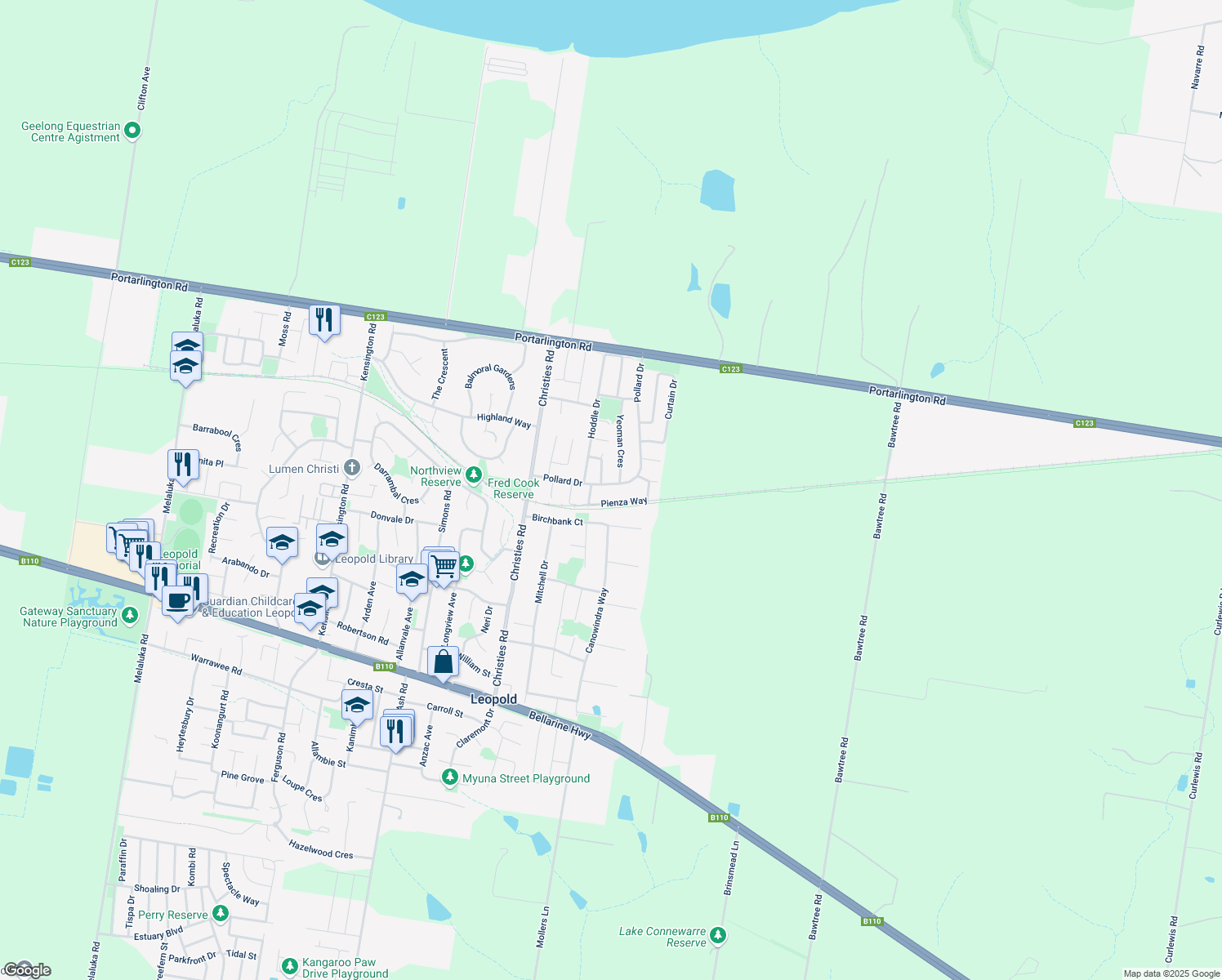 map of restaurants, bars, coffee shops, grocery stores, and more near 69 Pollard Drive in Leopold