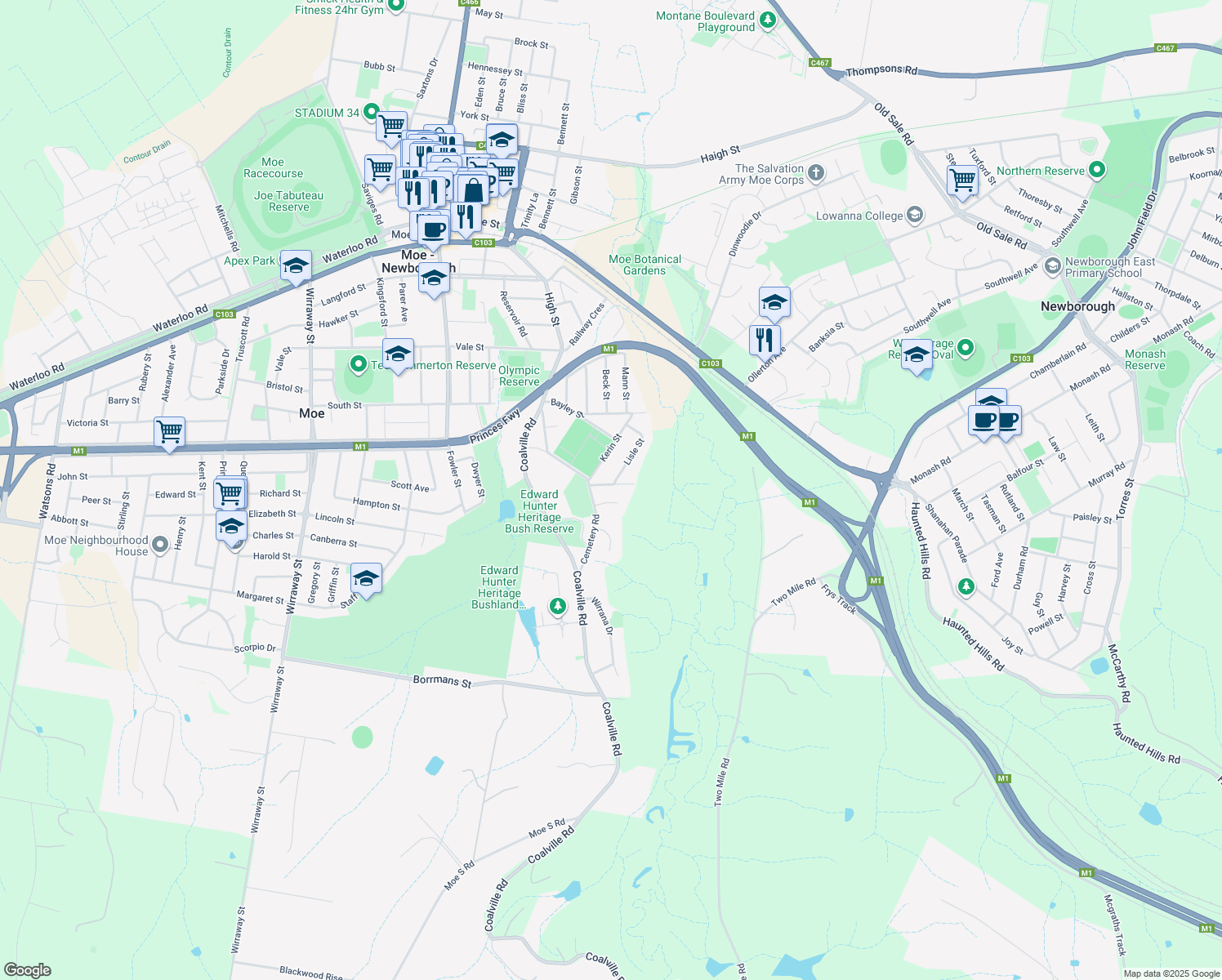 map of restaurants, bars, coffee shops, grocery stores, and more near 10 Purvis Street in Moe