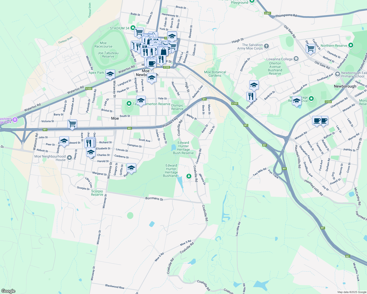 map of restaurants, bars, coffee shops, grocery stores, and more near in Moe