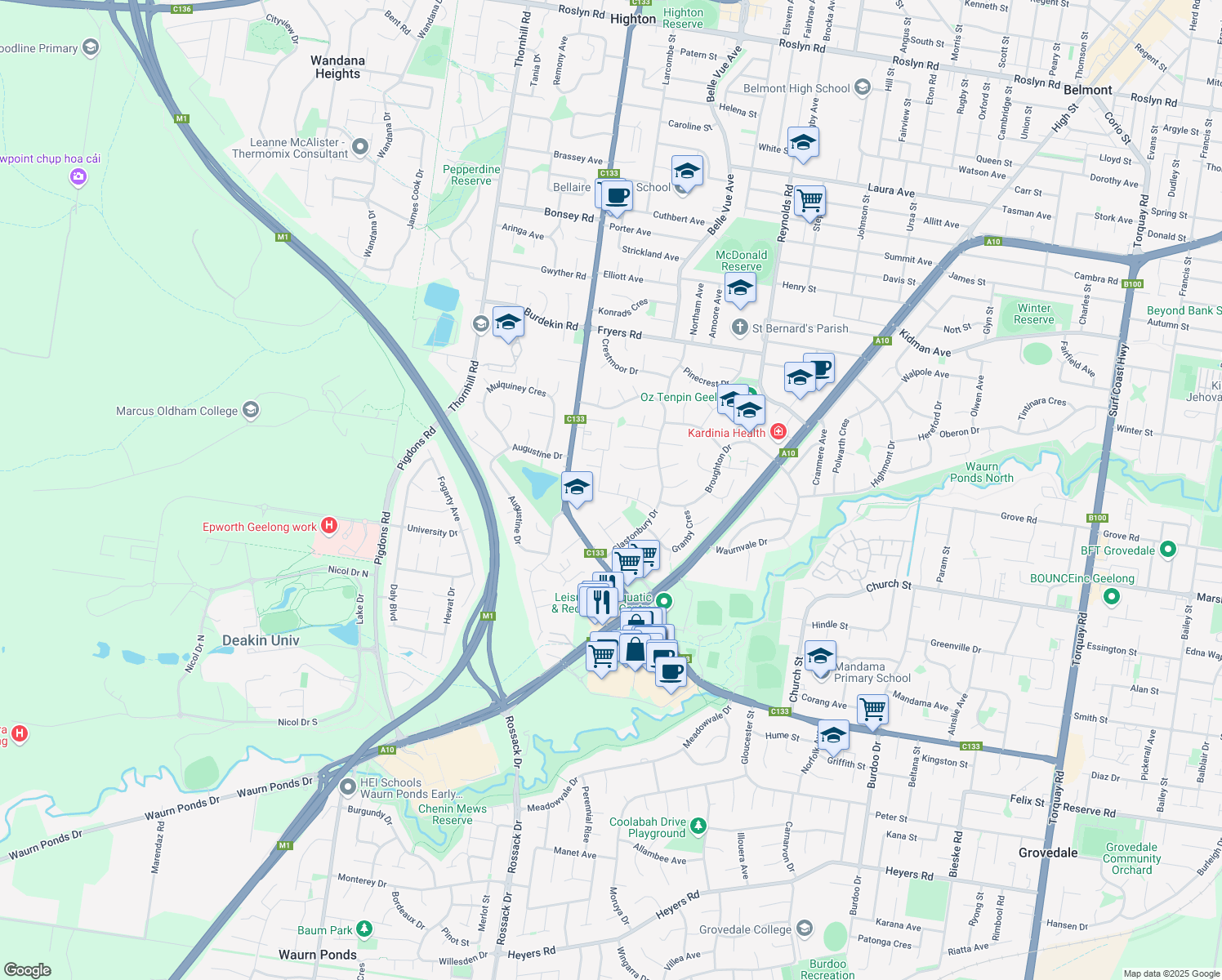 map of restaurants, bars, coffee shops, grocery stores, and more near 5 Wickenby Court in Highton
