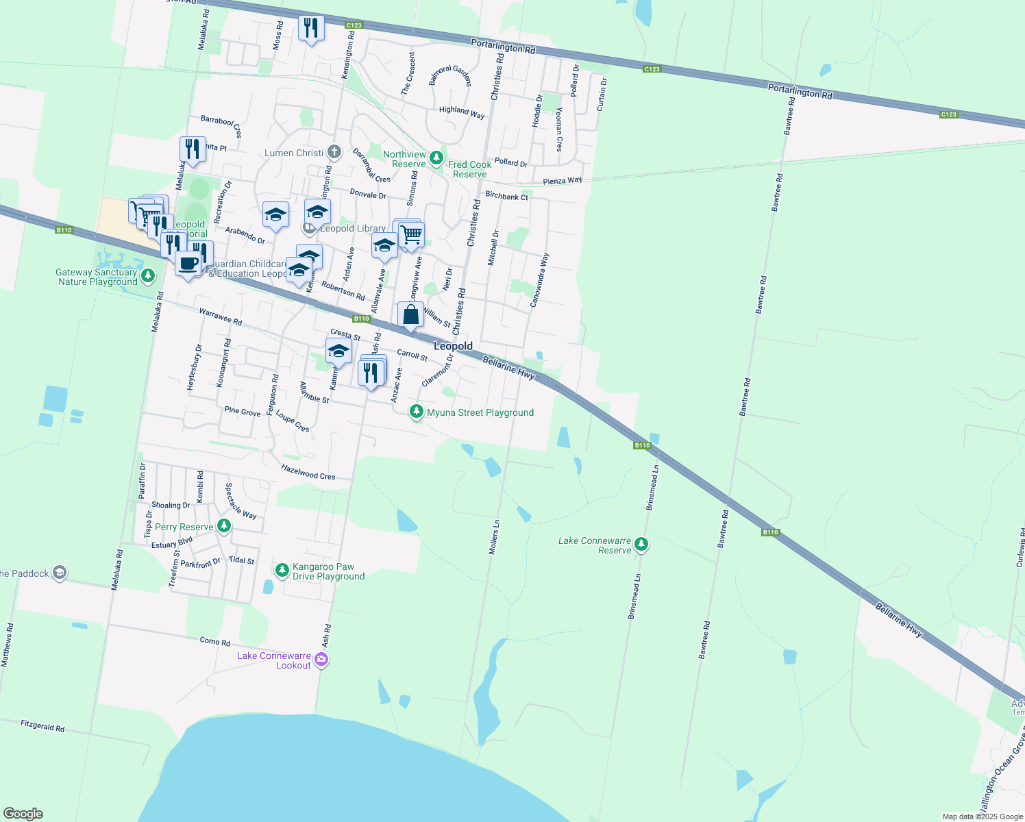 map of restaurants, bars, coffee shops, grocery stores, and more near 30 Mollers Lane in Leopold