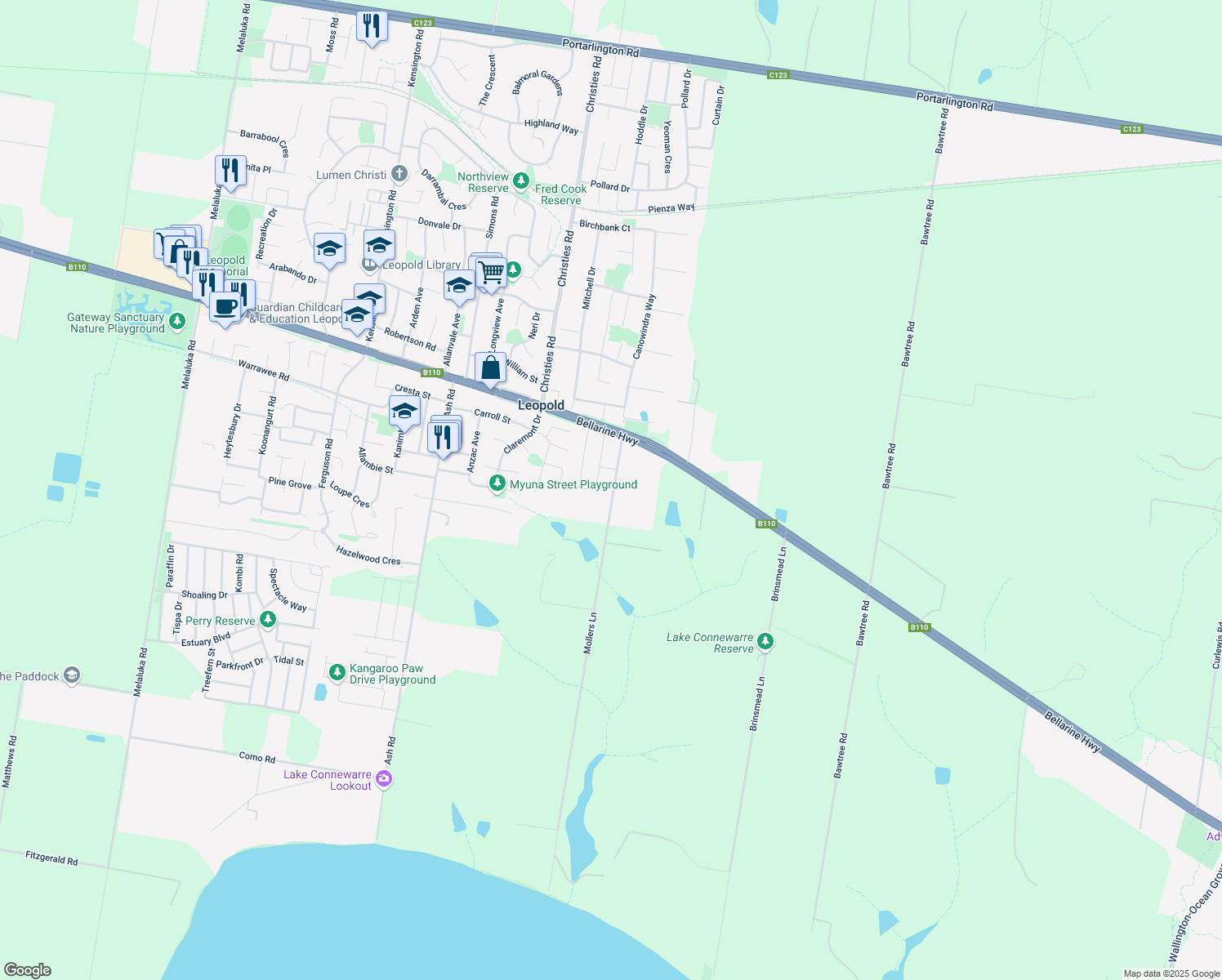 map of restaurants, bars, coffee shops, grocery stores, and more near 30 Mollers Lane in Leopold