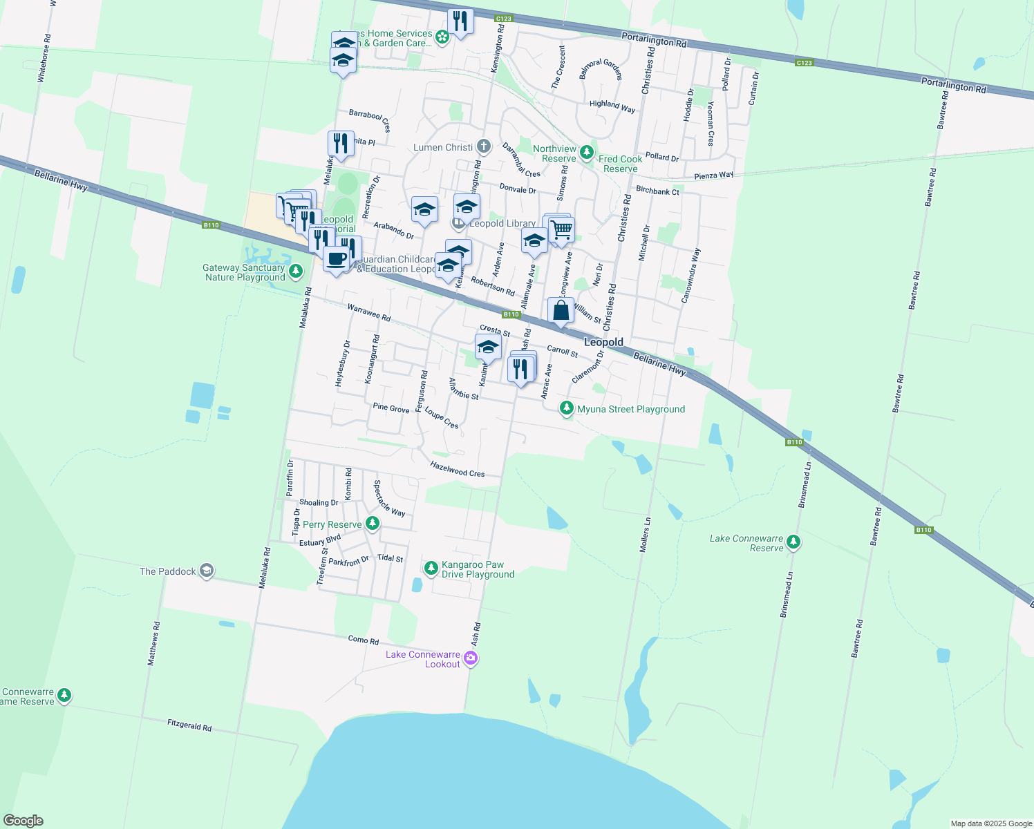 map of restaurants, bars, coffee shops, grocery stores, and more near 61 Ash Road in Leopold