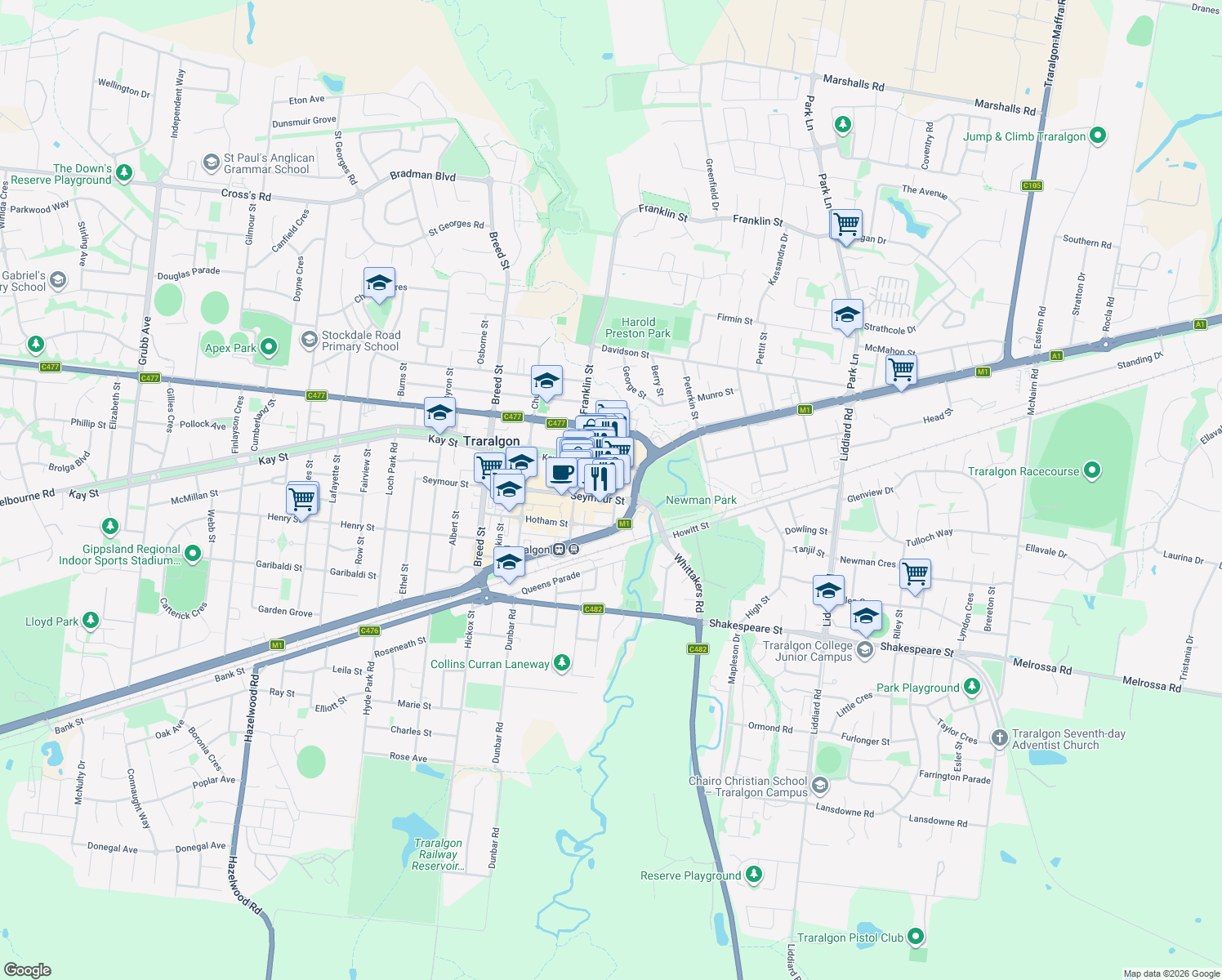 map of restaurants, bars, coffee shops, grocery stores, and more near 8 Seymour Street in Traralgon