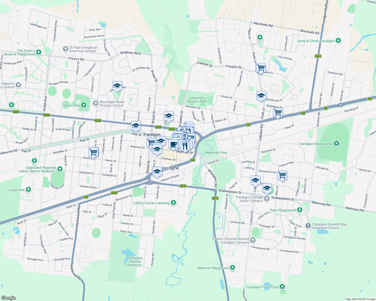 map of restaurants, bars, coffee shops, grocery stores, and more near 8 Seymour Street in Traralgon