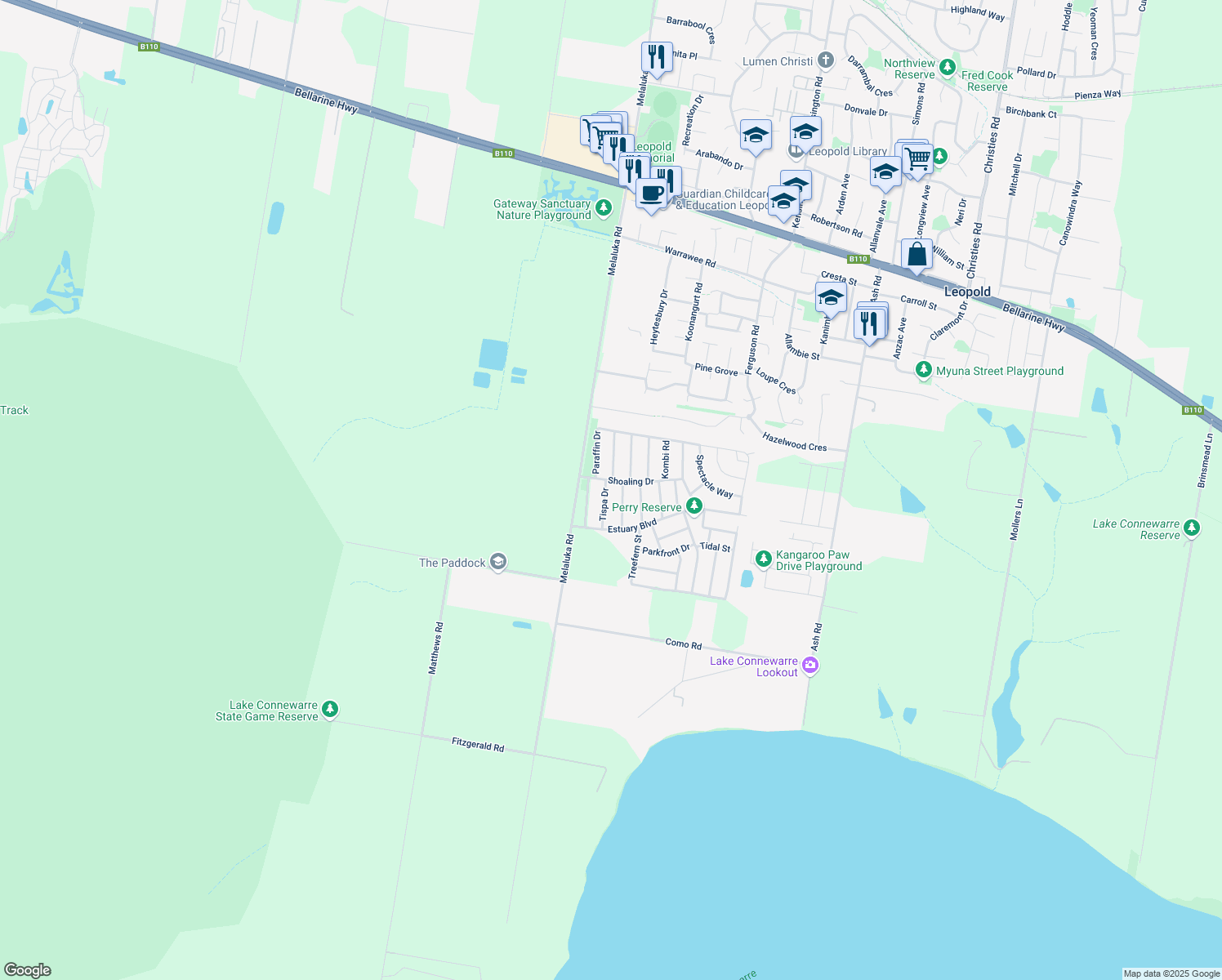 map of restaurants, bars, coffee shops, grocery stores, and more near 5 Tispa Drive in Leopold