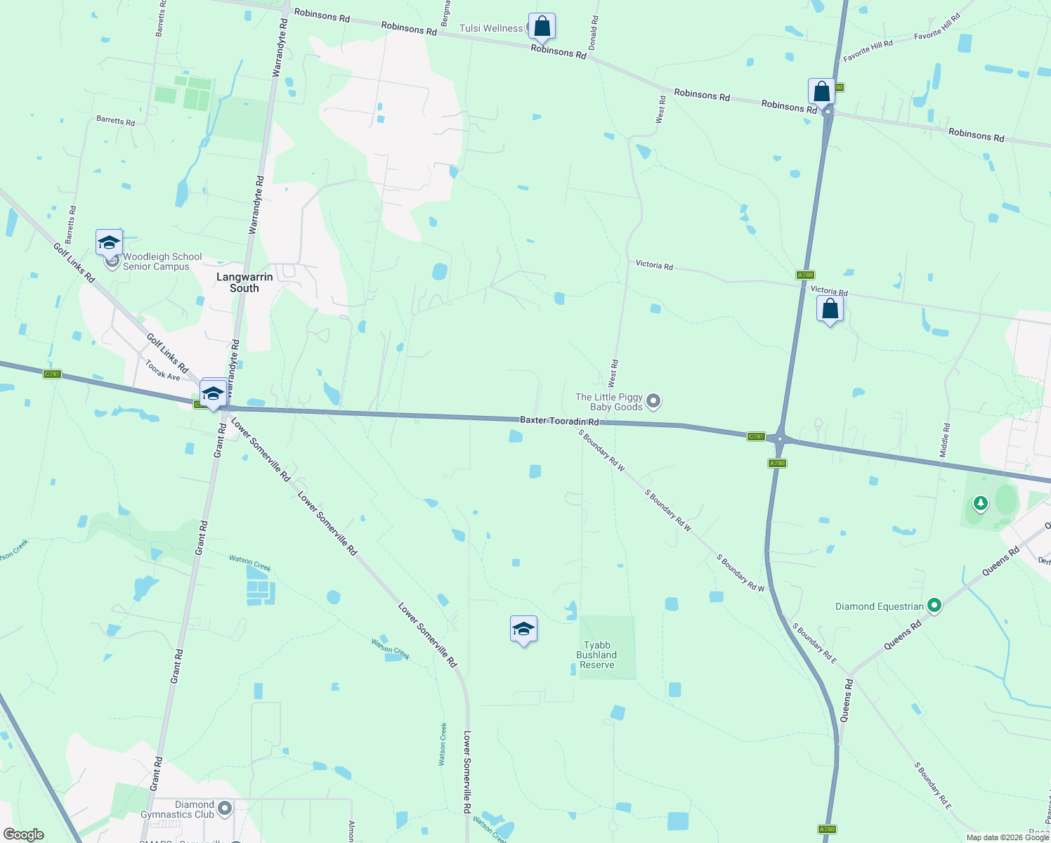 map of restaurants, bars, coffee shops, grocery stores, and more near 460 Baxter-Tooradin Road in Pearcedale