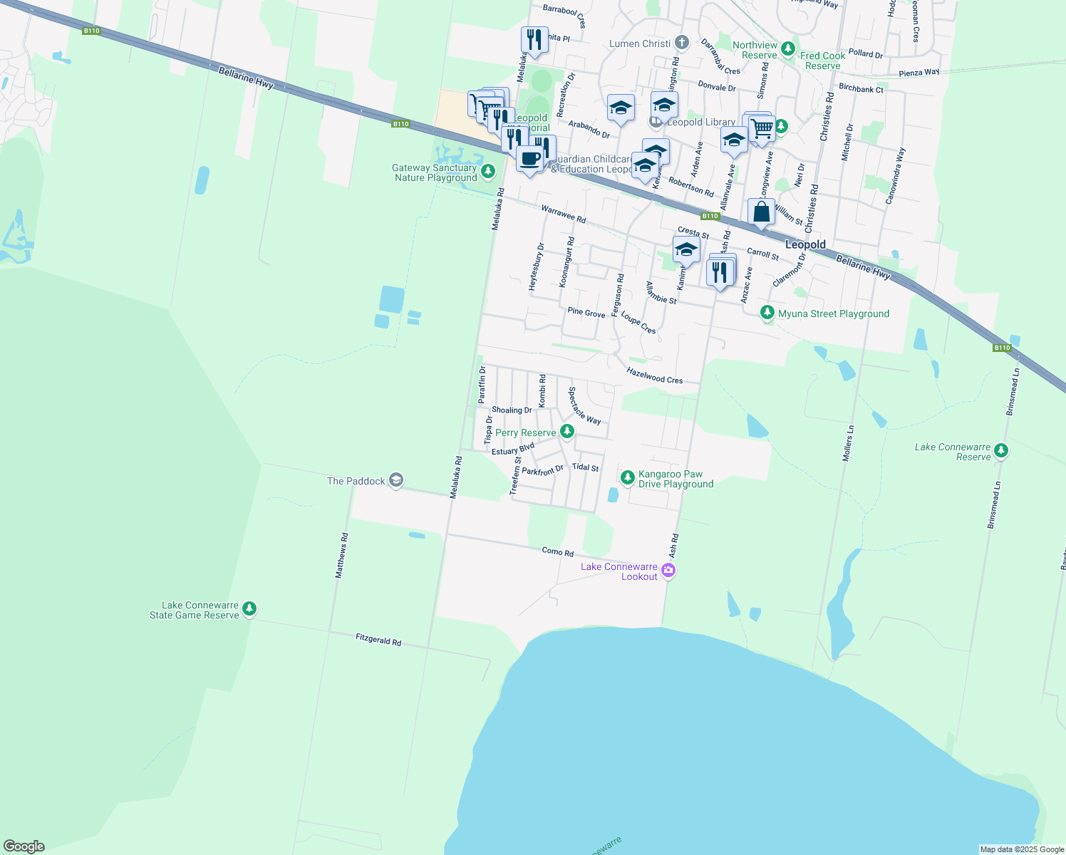 map of restaurants, bars, coffee shops, grocery stores, and more near 14 Casy Grove in Leopold